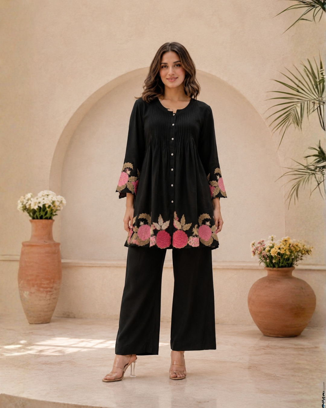 Premium Black Embroidered Co-Ord Set for Women | Floral Designer Kurta & Palazzo Set