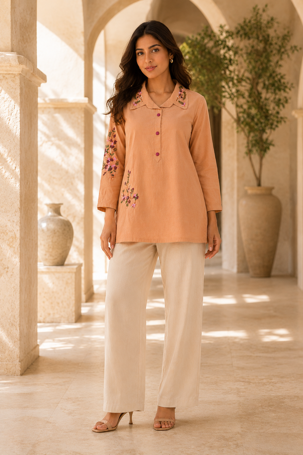 Women's Peach Floral Embroidered Collared Cotton Kurti | Full Sleeve Casual Ethnic Top