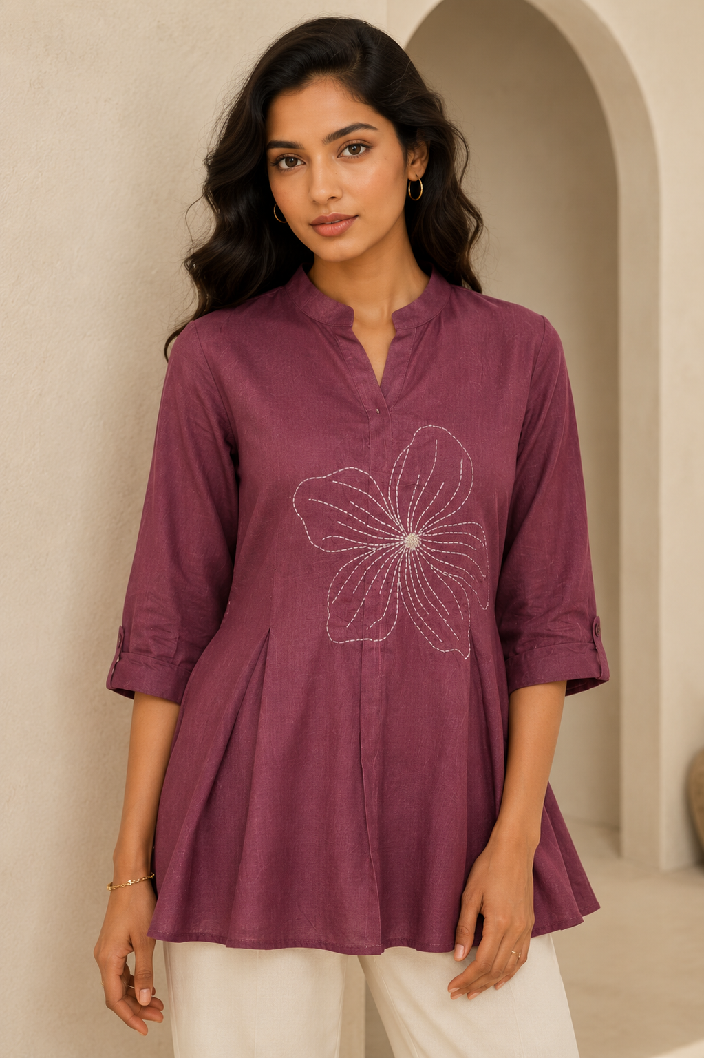 Women's Mauve Floral Embroidered Flared Top | Stylish Half Sleeve Casual Ethnic Top