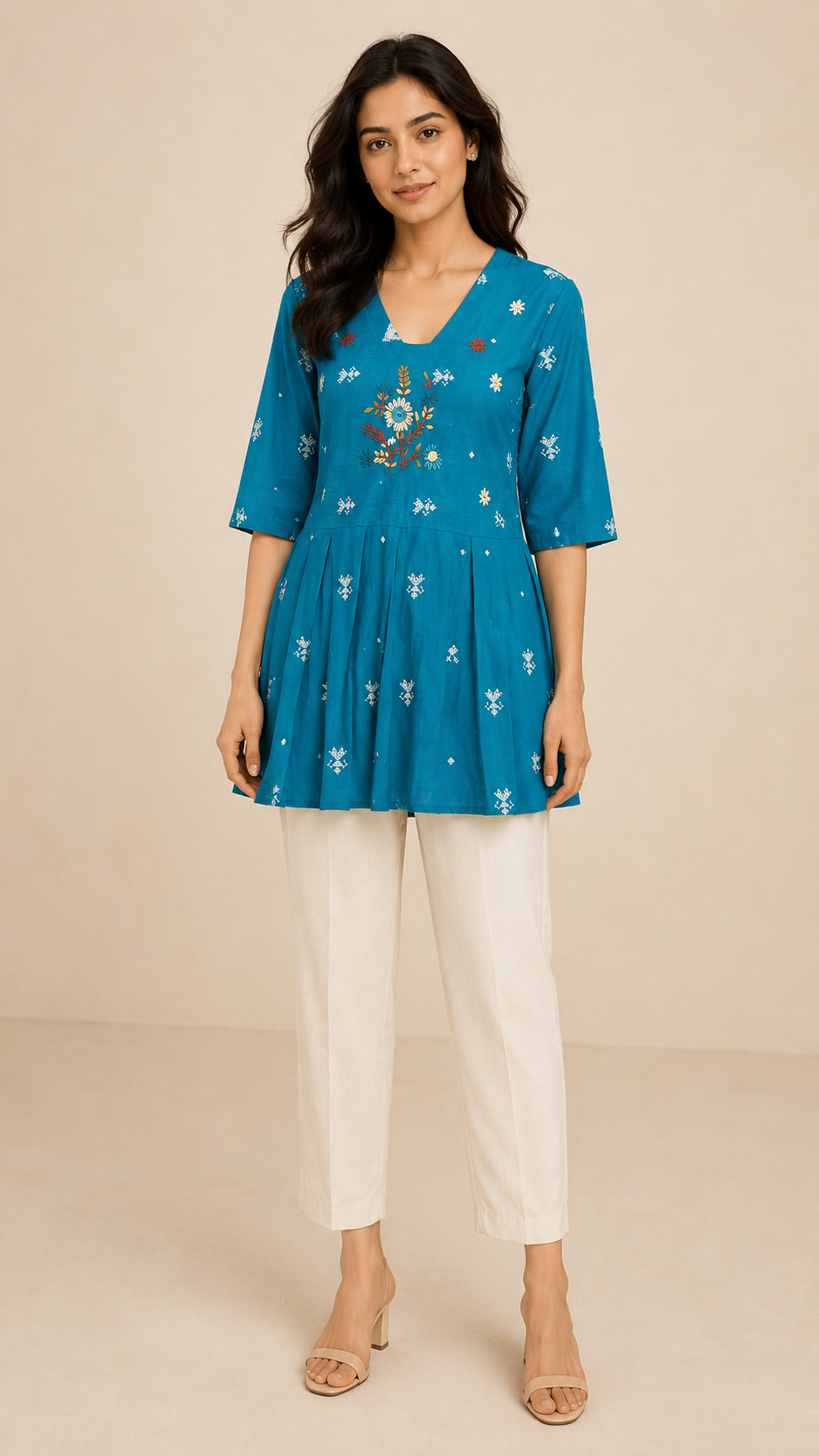 Women's Turquoise Floral Embroidered Peplum Top | Stylish Half Sleeve Ethnic Top