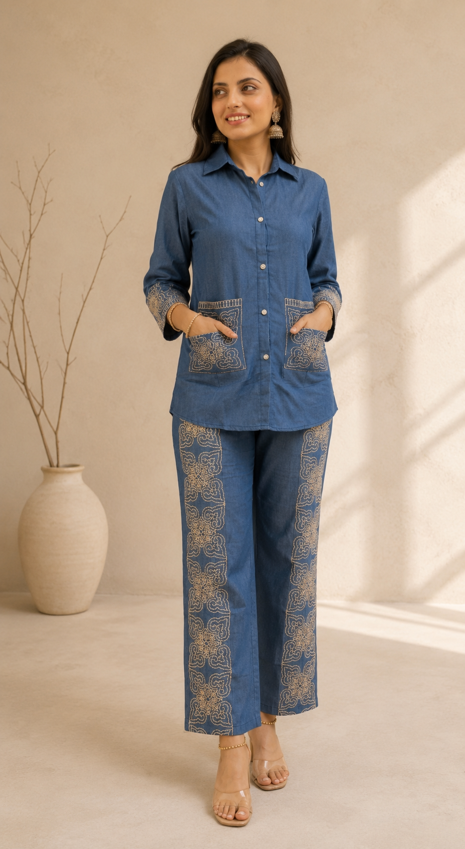 Women's Premium Blue Embroidered Co-Ord Set | Cotton Blend Shirt & Straight Pants | Elegant Casual Wear