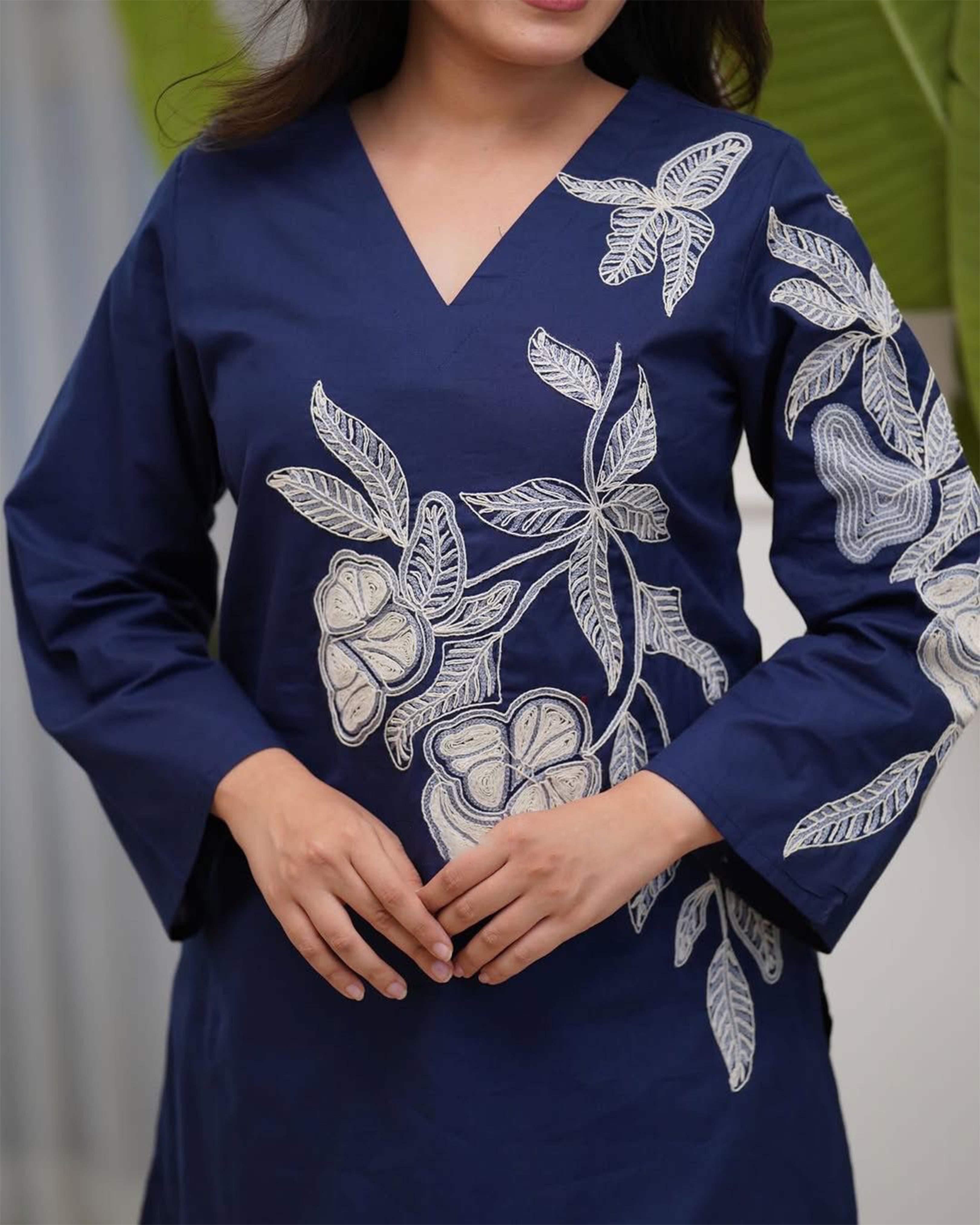 Women's Premium Navy Blue Embroidered Cotton Co-Ord Set | V-Neck Kurti & Pant Set