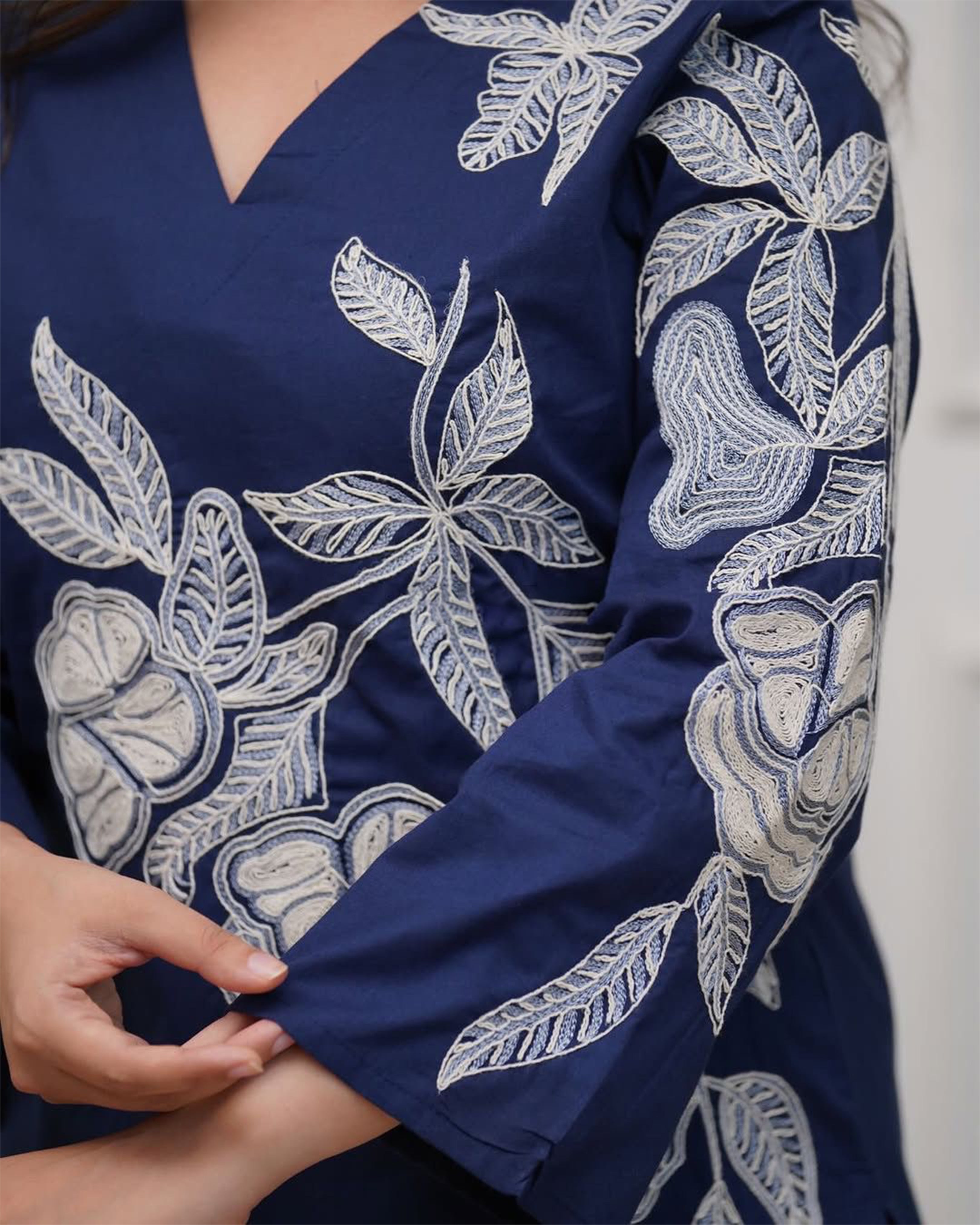 Women's Premium Navy Blue Embroidered Cotton Co-Ord Set | V-Neck Kurti & Pant Set