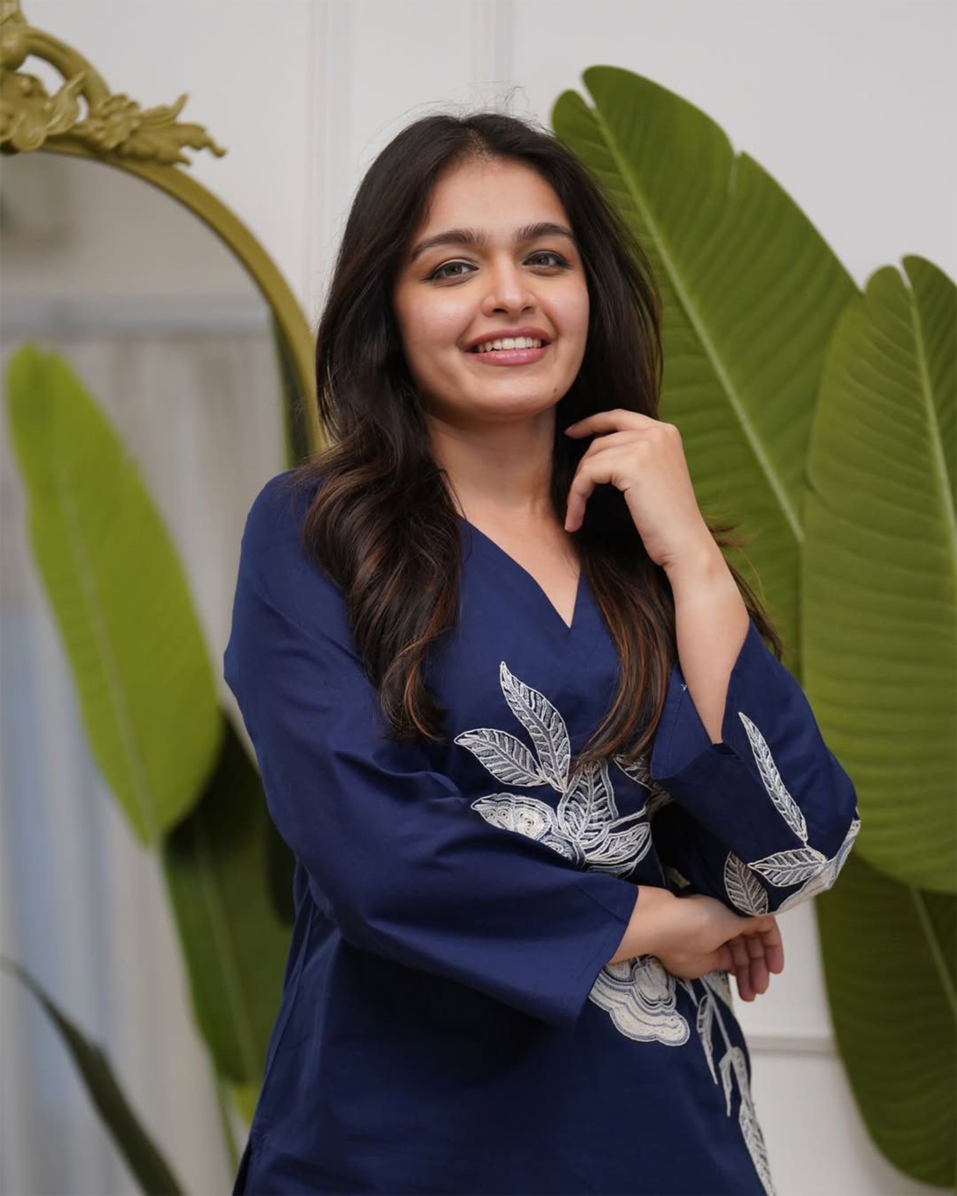Women's Premium Navy Blue Embroidered Cotton Co-Ord Set | V-Neck Kurti & Pant Set