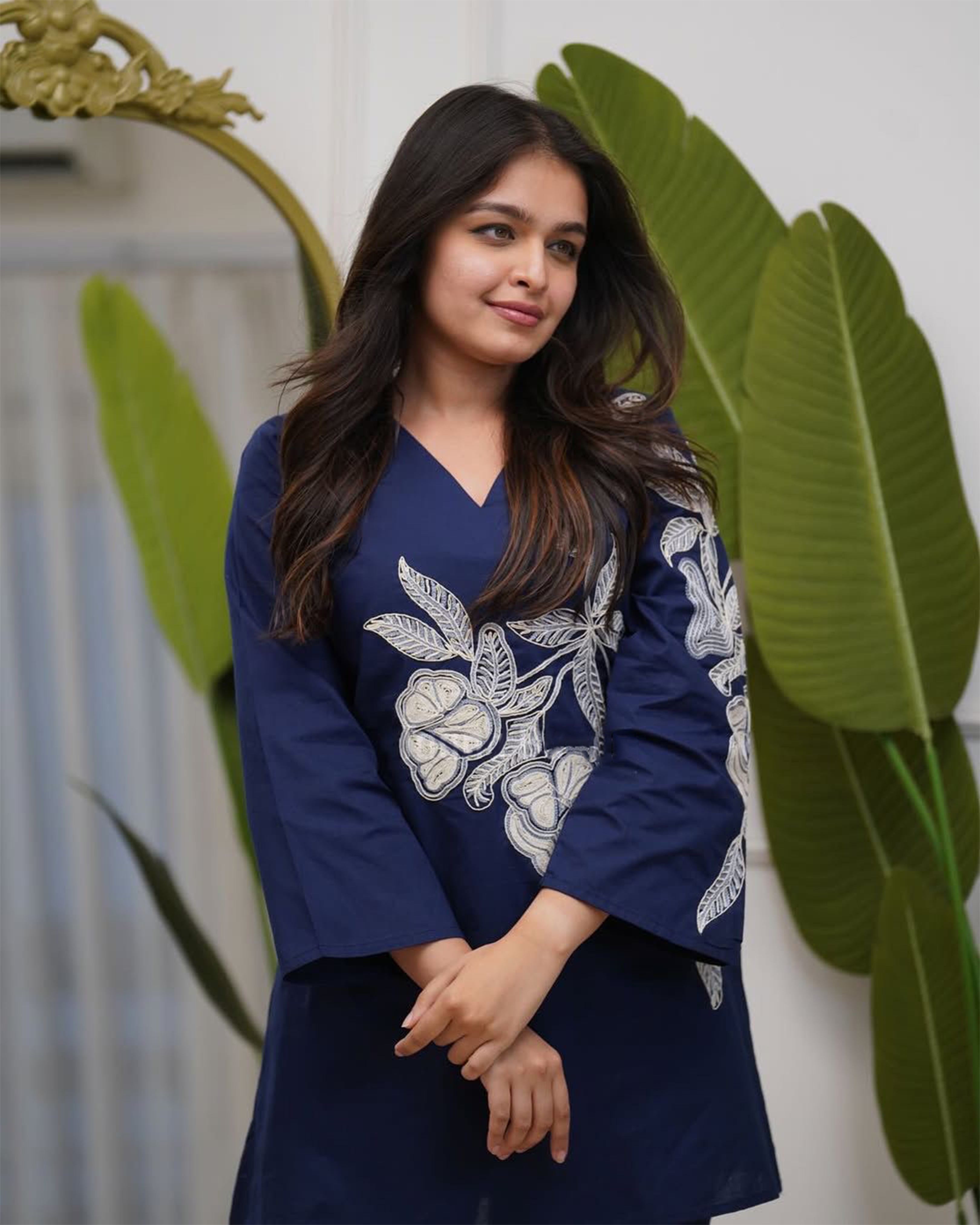 Women's Premium Navy Blue Embroidered Cotton Co-Ord Set | V-Neck Kurti & Pant Set
