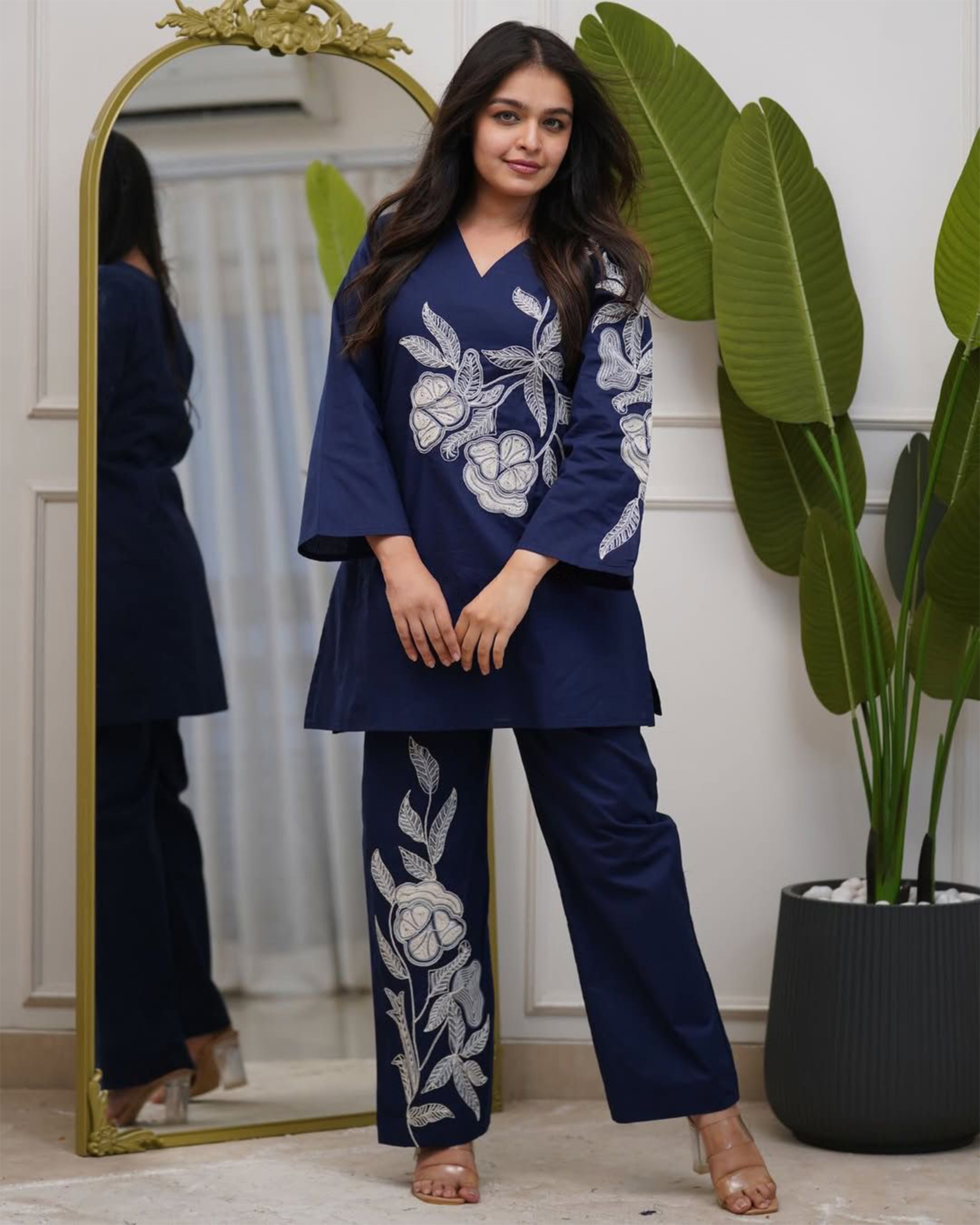 Women's Premium Navy Blue Embroidered Cotton Co-Ord Set | V-Neck Kurti & Pant Set