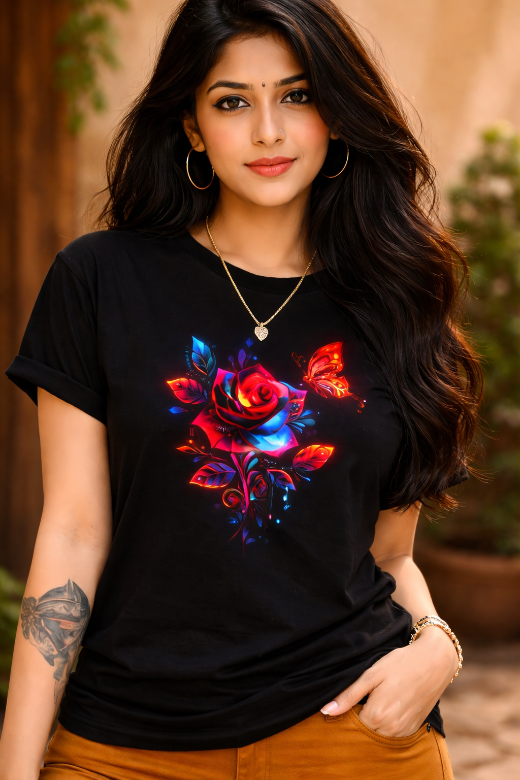 Women's Luxurious Rose & Butterfly Graphic T-Shirt | Premium Floral Summer Tee