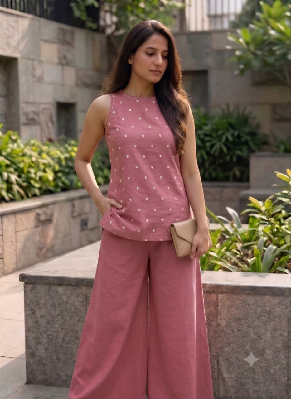 Halter Neck Co-Ord Set with Corset Back and Relaxed Fit Pants Fabric- Pure Cotton