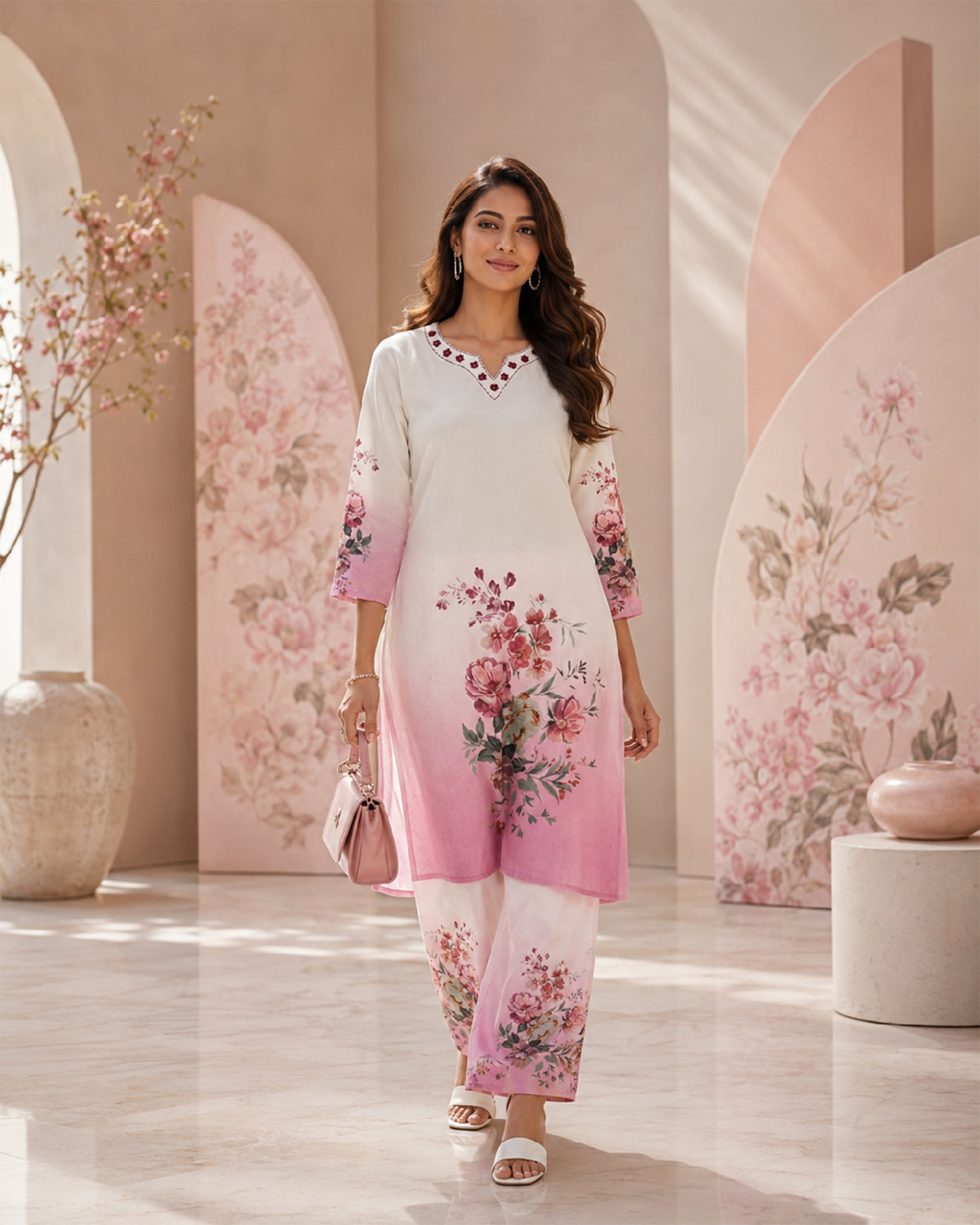 Women's Premium Pink Floral Linen Kurta Pant Set