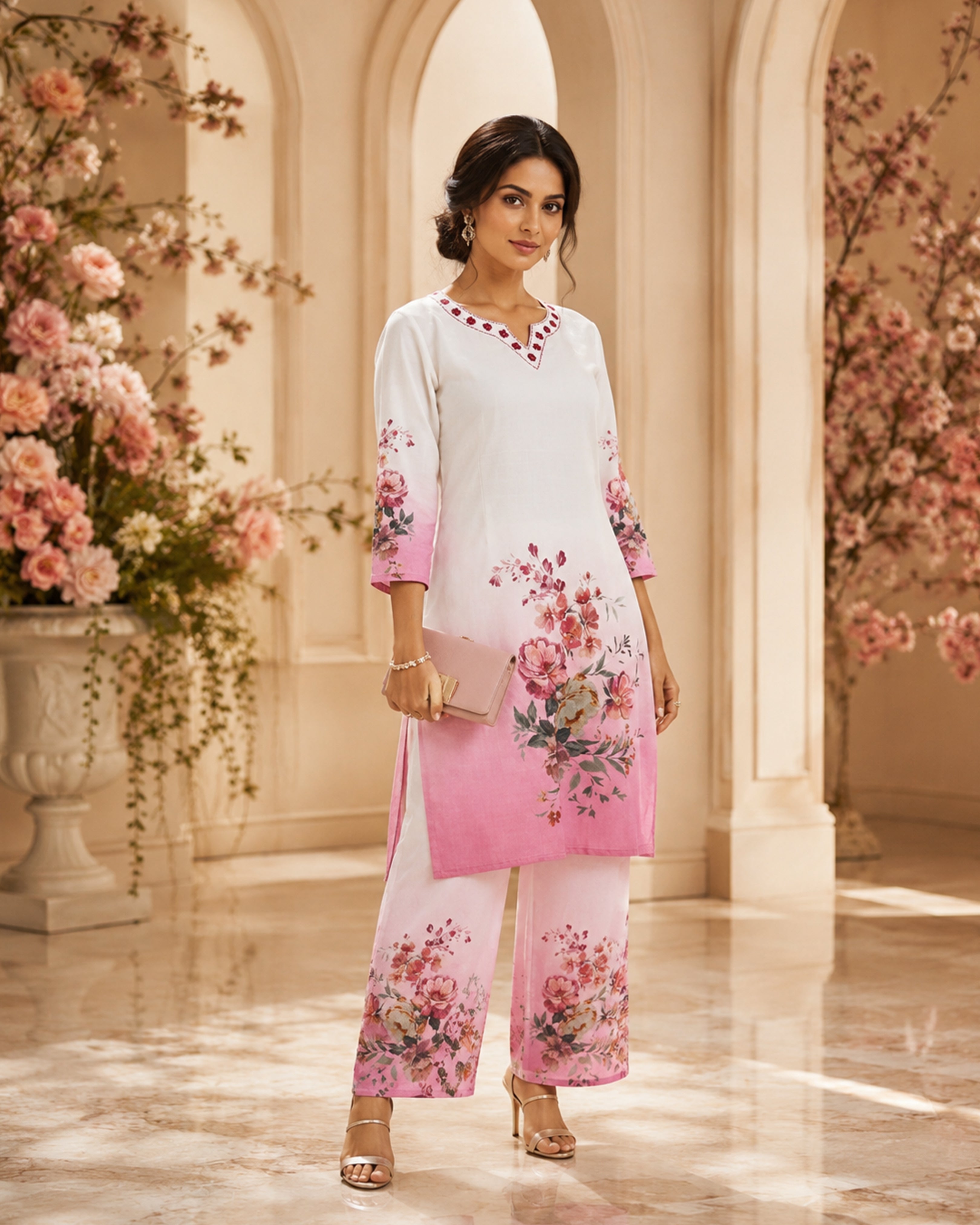 Women's Premium Pink Floral Linen Kurta Pant Set