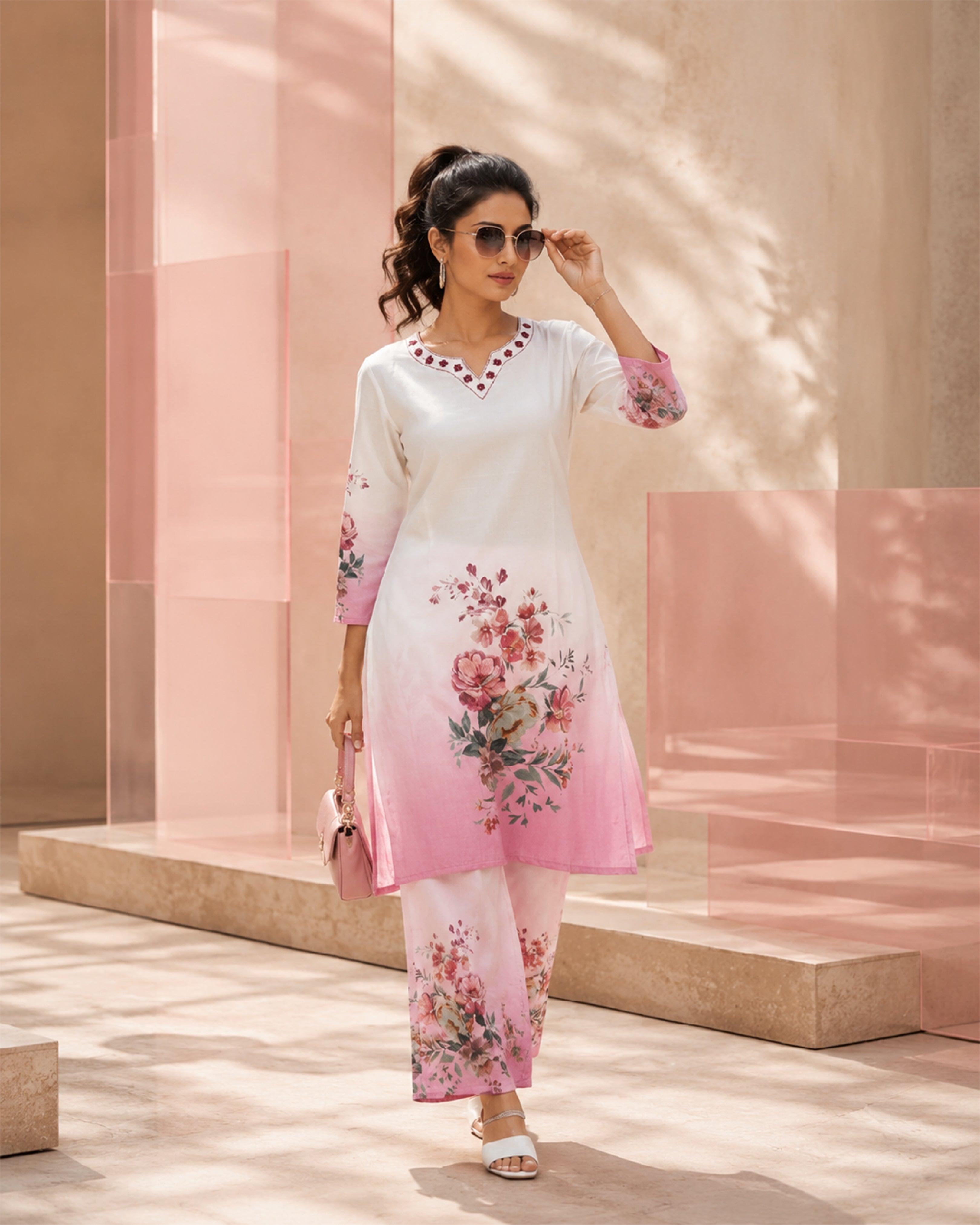 Women's Premium Pink Floral Linen Kurta Pant Set
