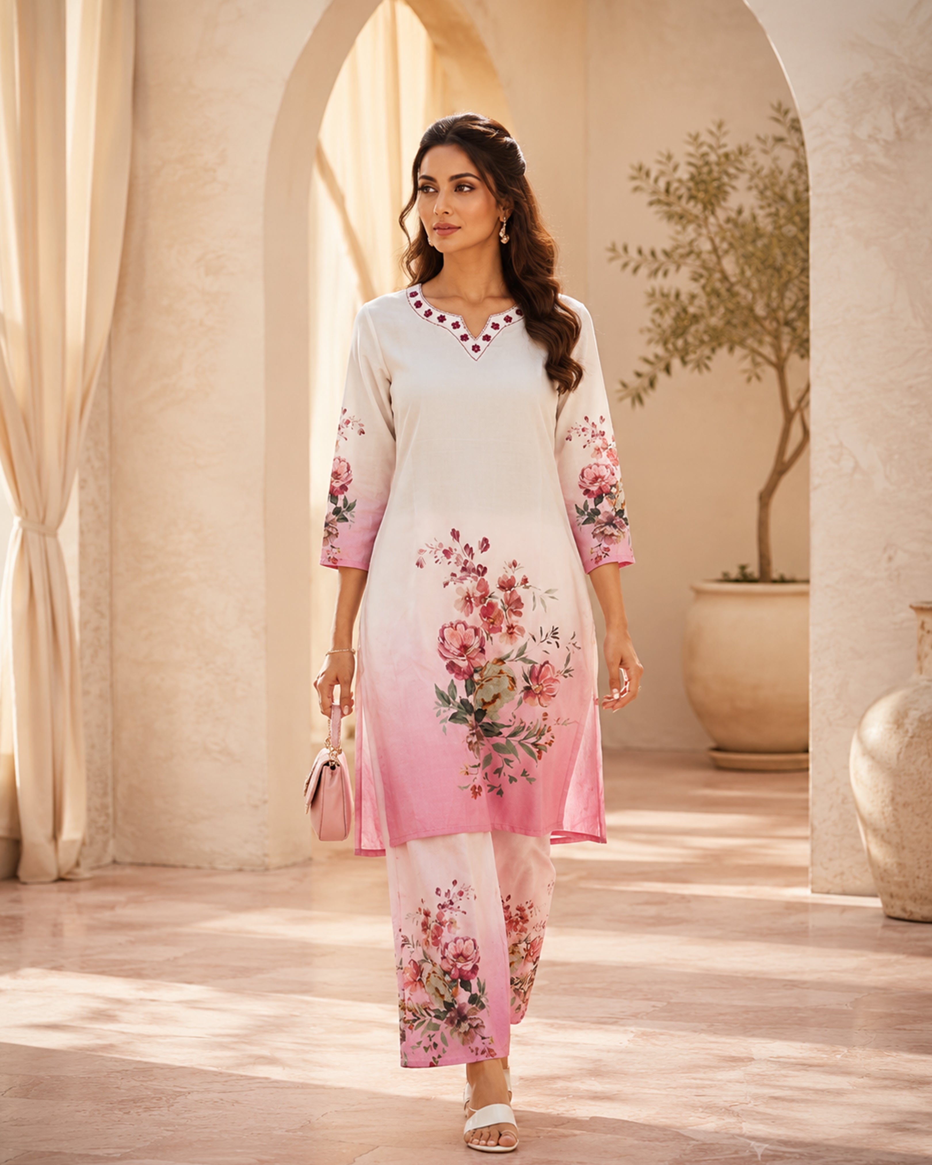 Women's Premium Pink Floral Linen Kurta Pant Set