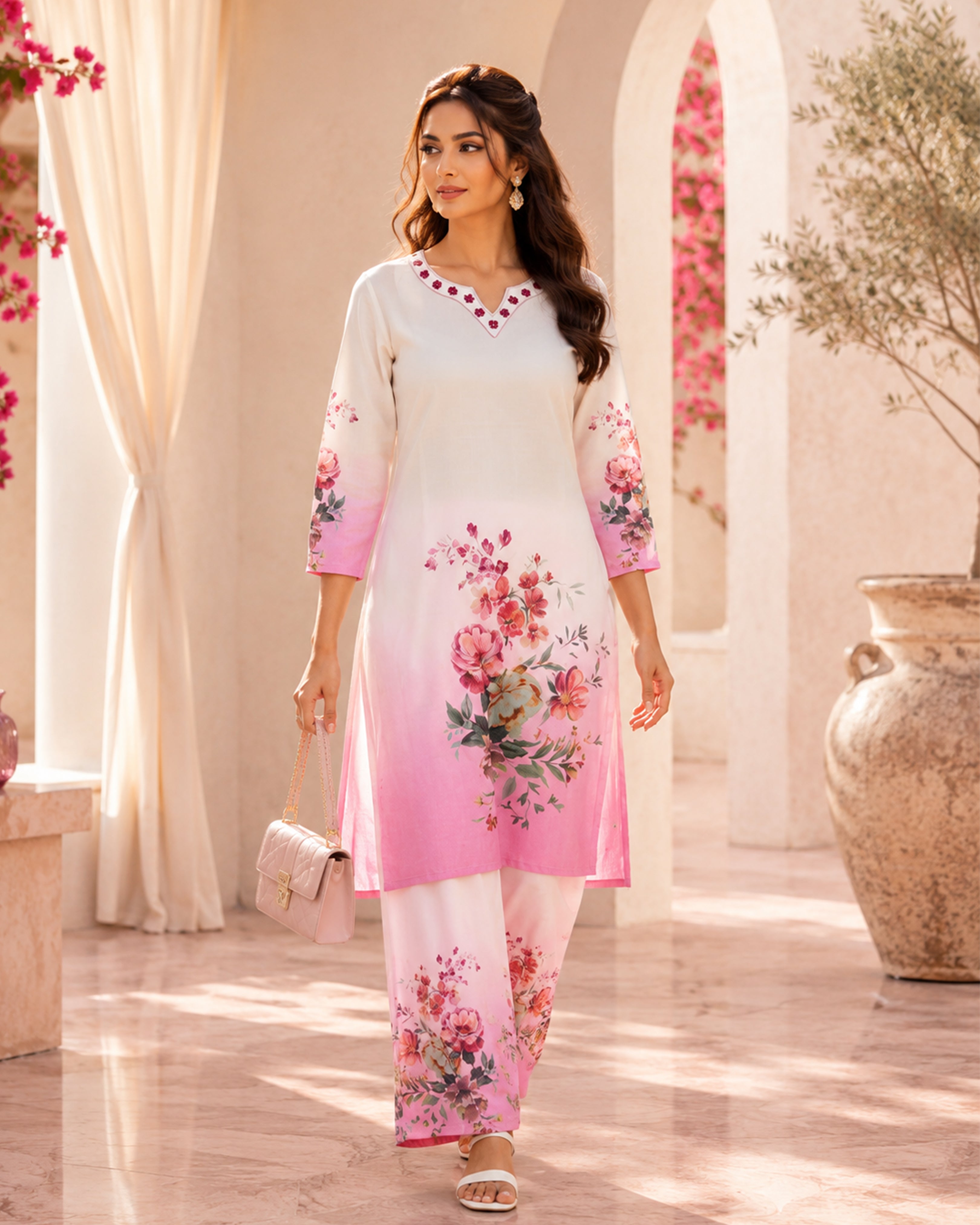 Women's Premium Pink Floral Linen Kurta Pant Set