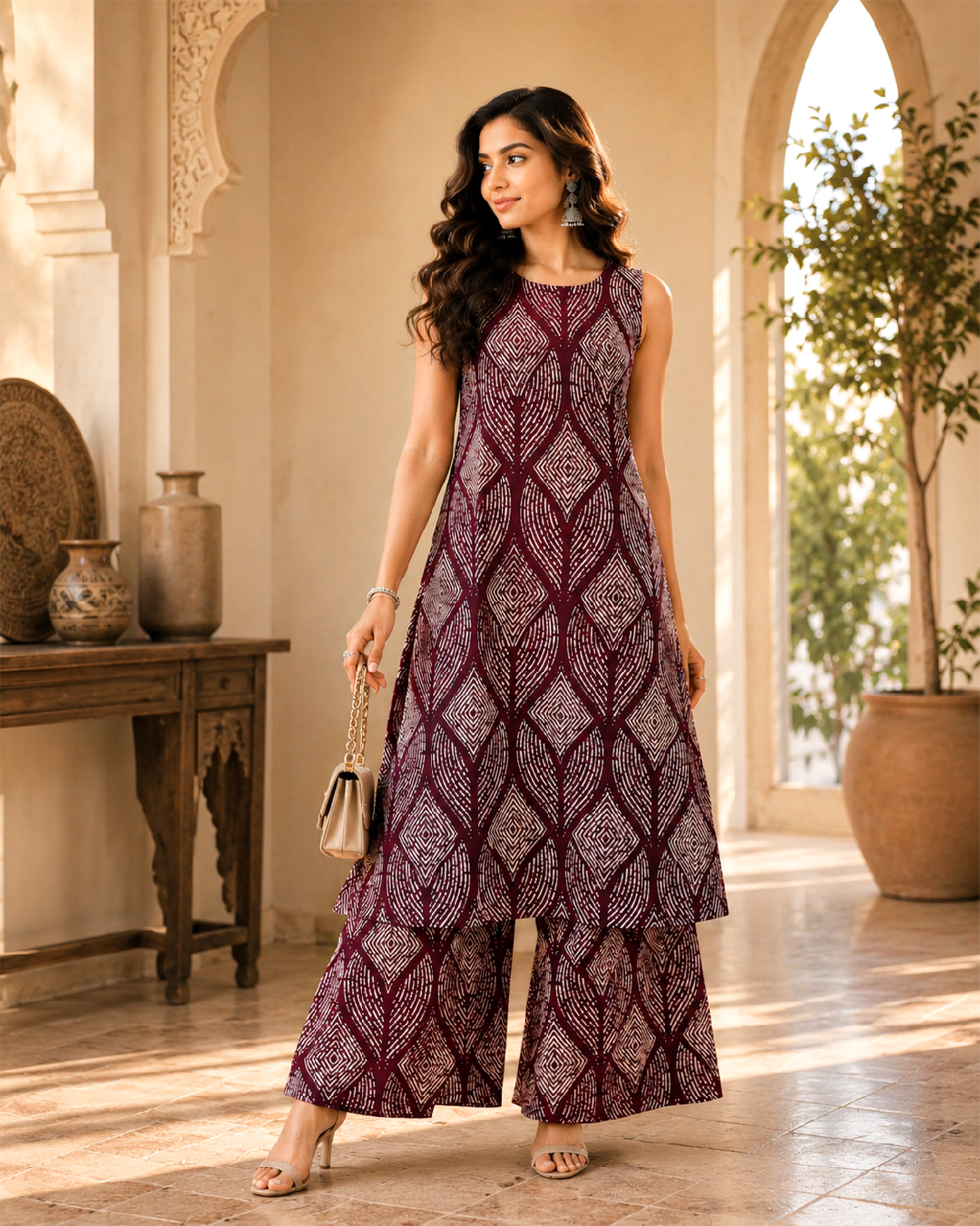 Women's Premium Wine Printed Linen Co-Ord Set
