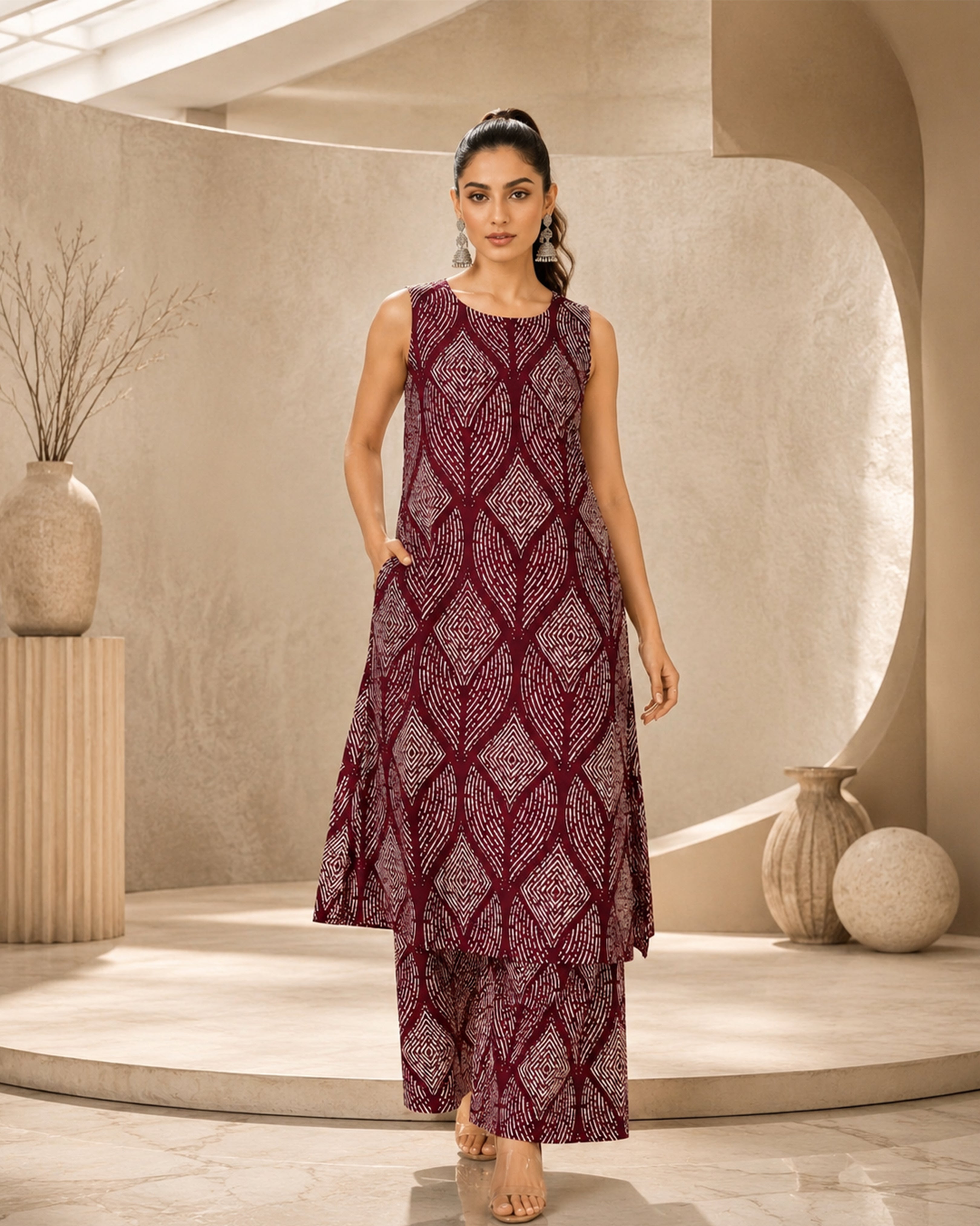 Women's Premium Wine Printed Linen Co-Ord Set