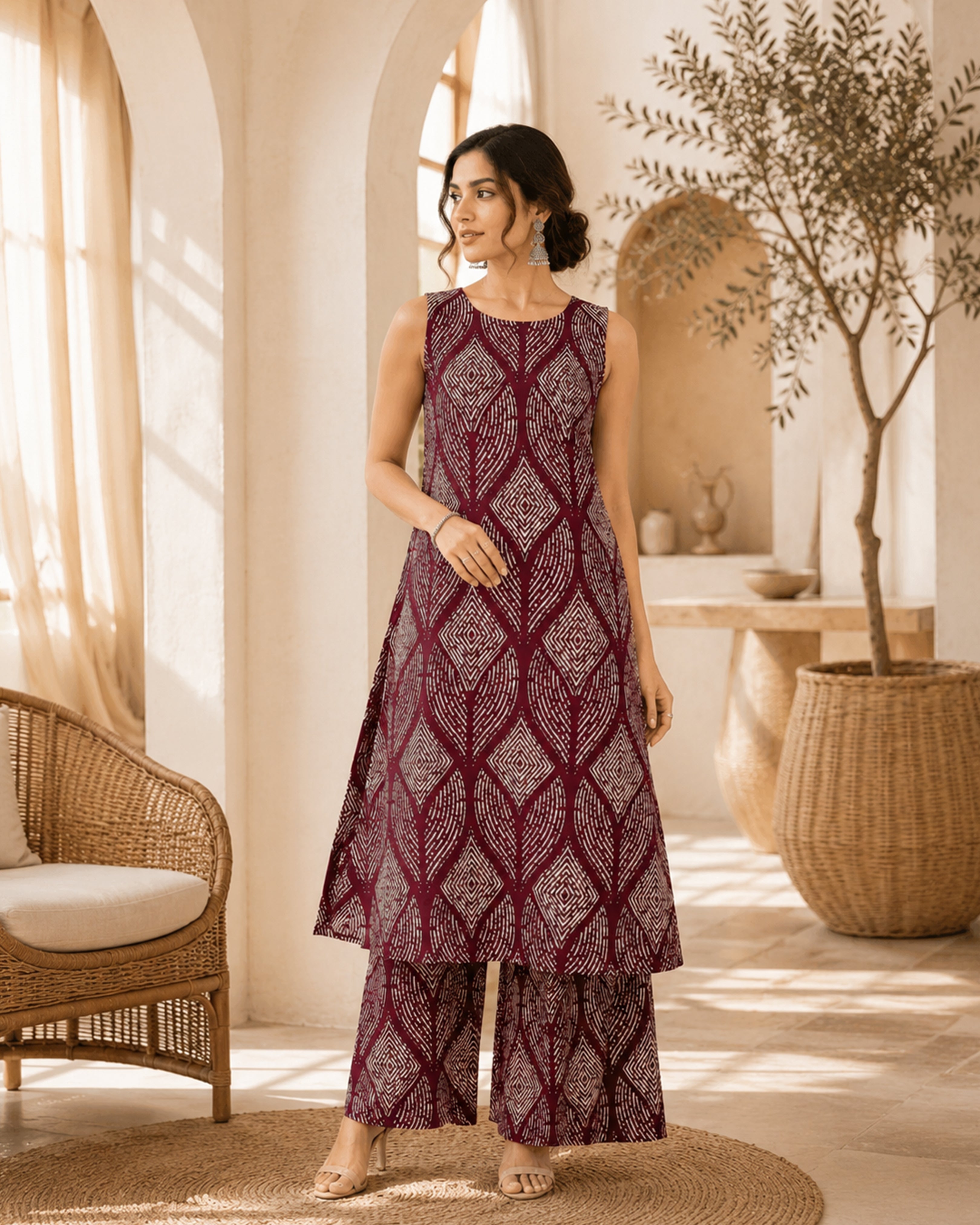 Women's Premium Wine Printed Linen Co-Ord Set