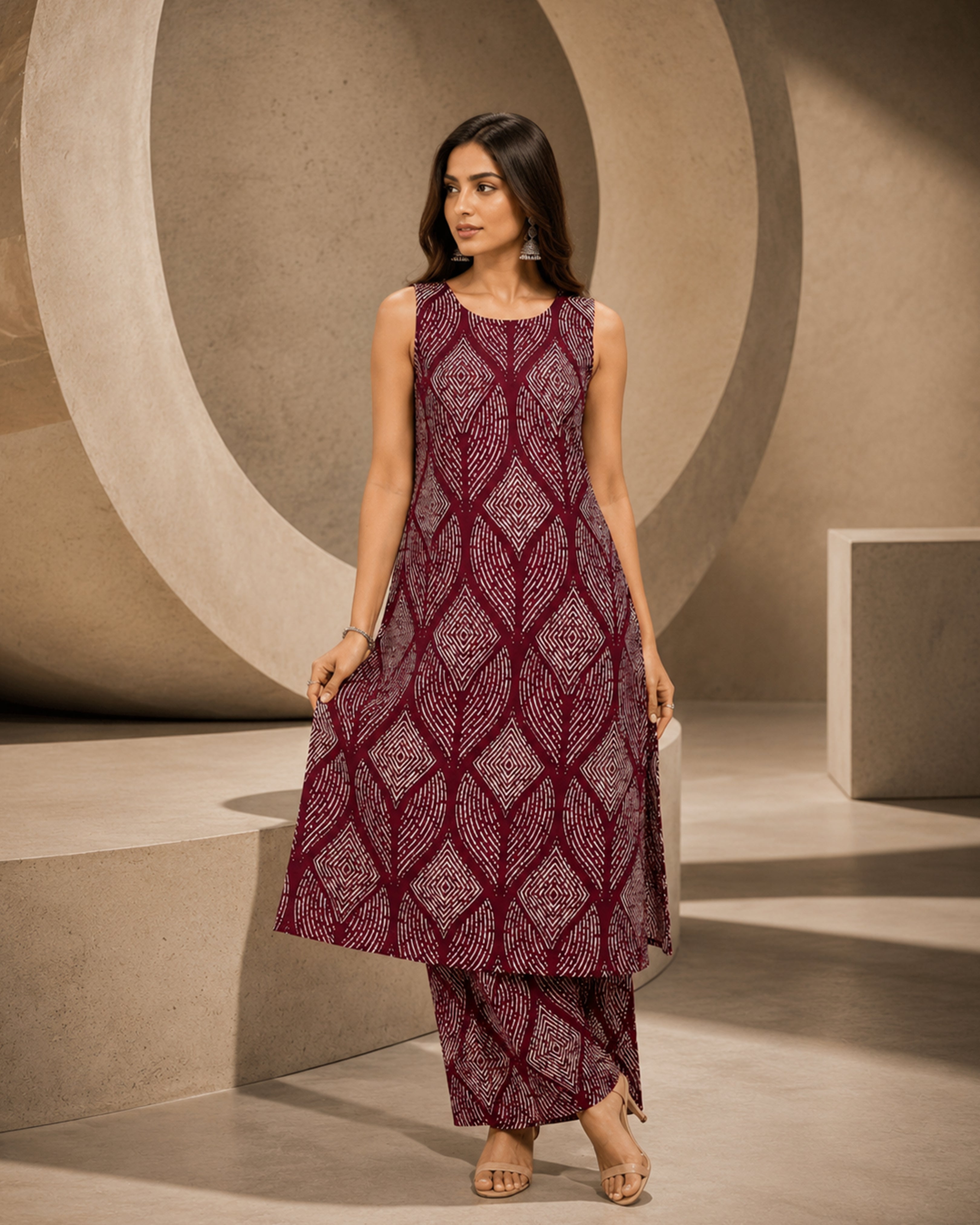 Women's Premium Wine Printed Linen Co-Ord Set
