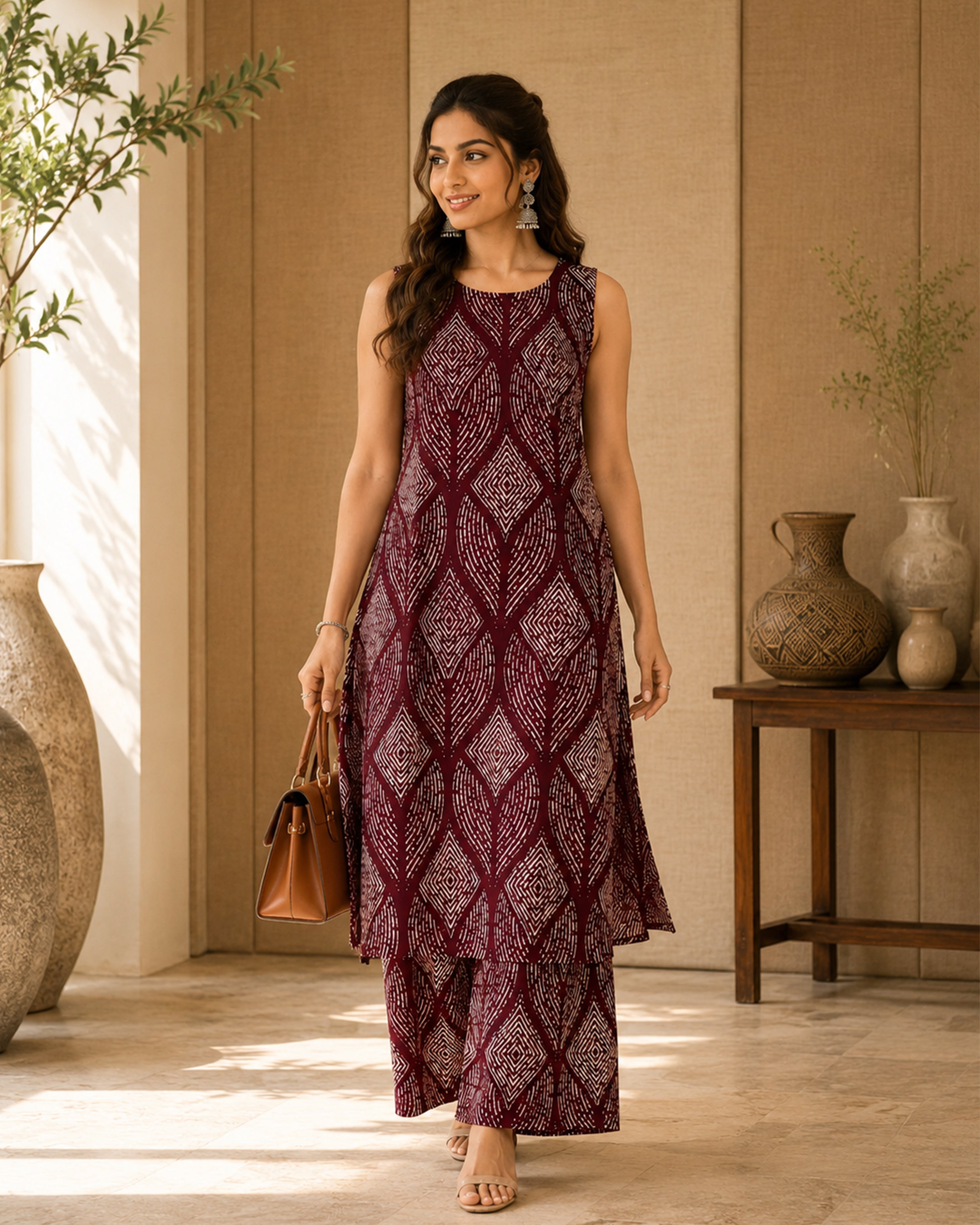 Women's Premium Wine Printed Linen Co-Ord Set