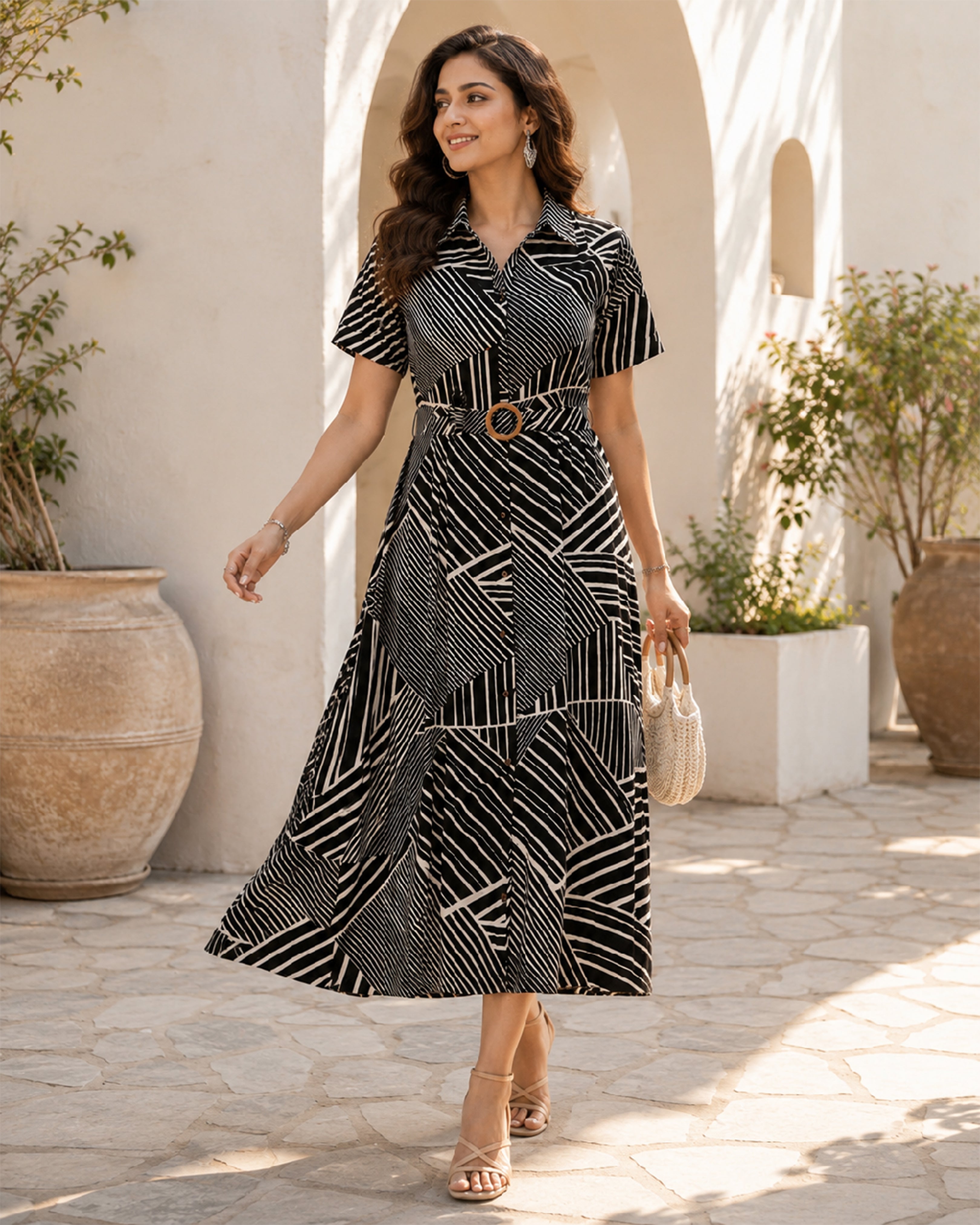 Women's Premium Geometric Printed Linen Shirt Dress with Belt