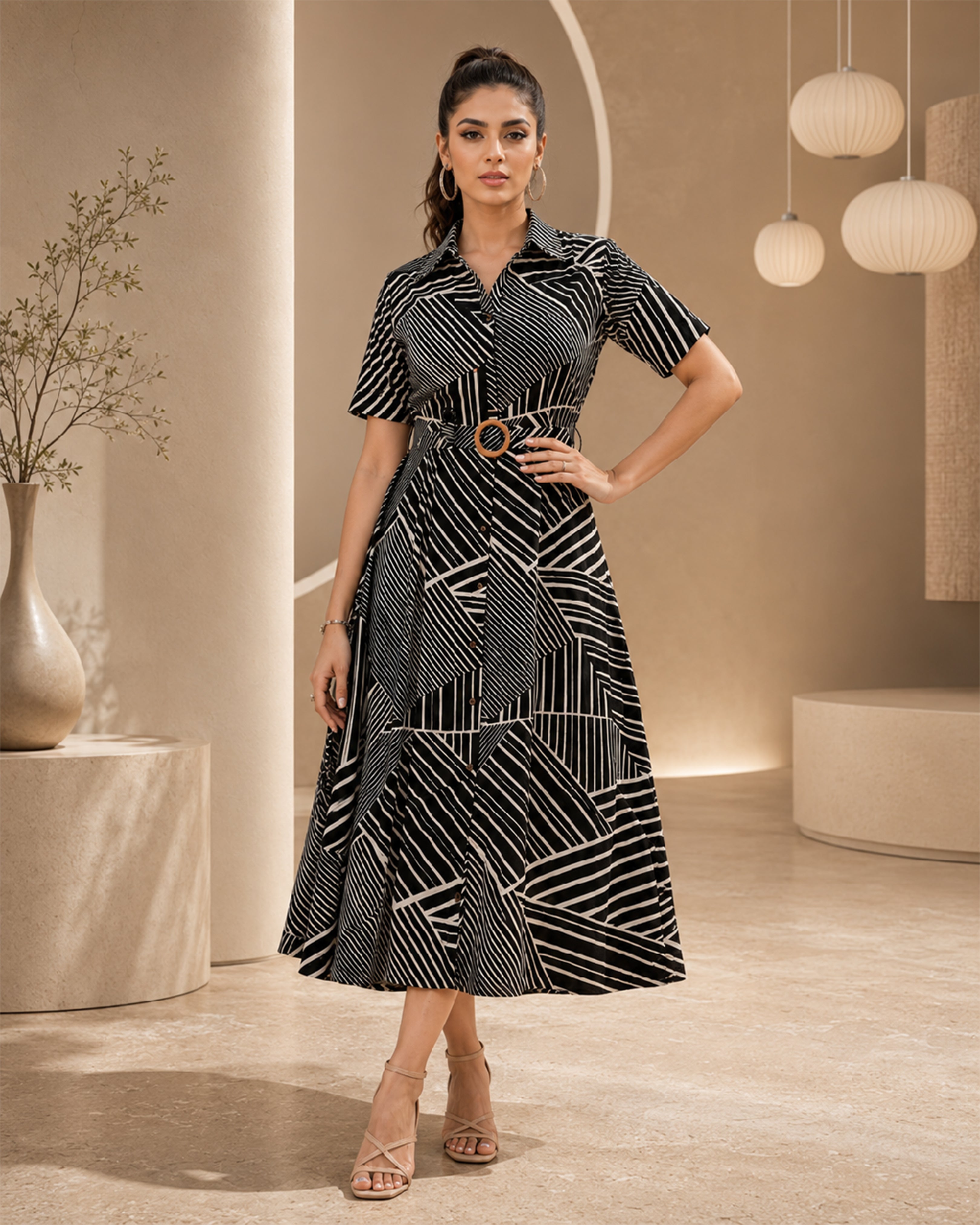 Women's Premium Geometric Printed Linen Shirt Dress with Belt