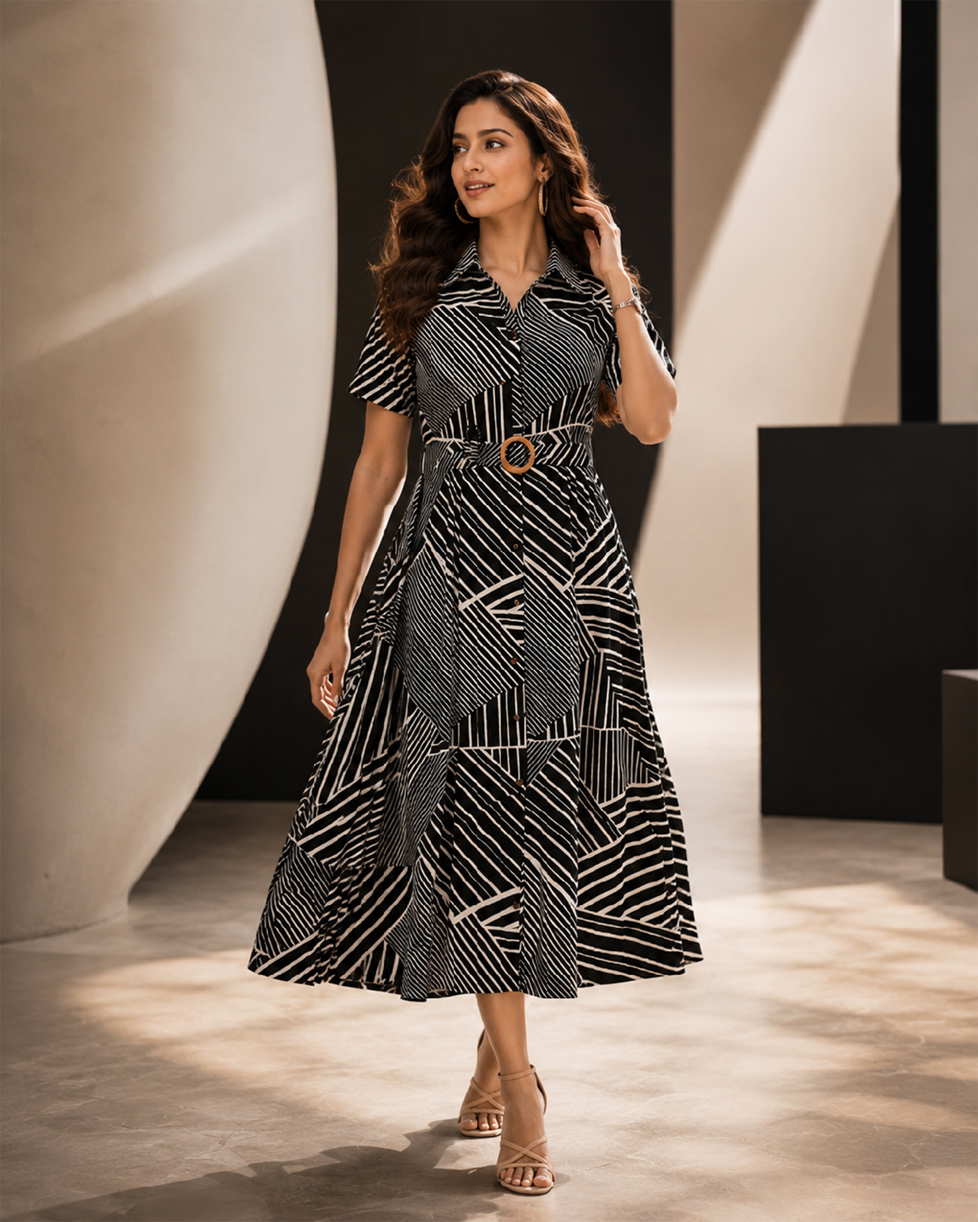 Women's Premium Geometric Printed Linen Shirt Dress with Belt
