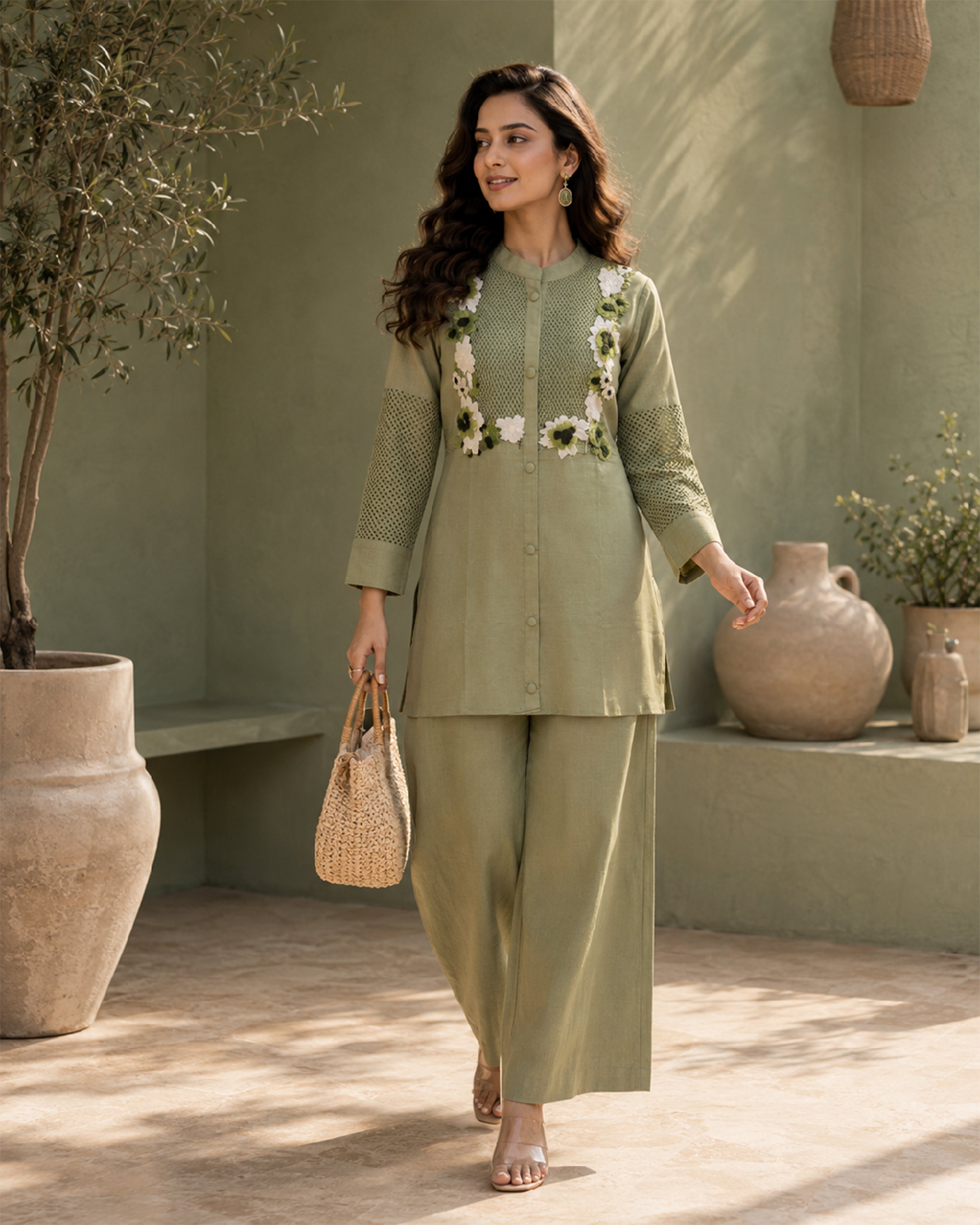 Women's Floral Embroidered Flex Cotton Co-Ord Set with Straight Pants