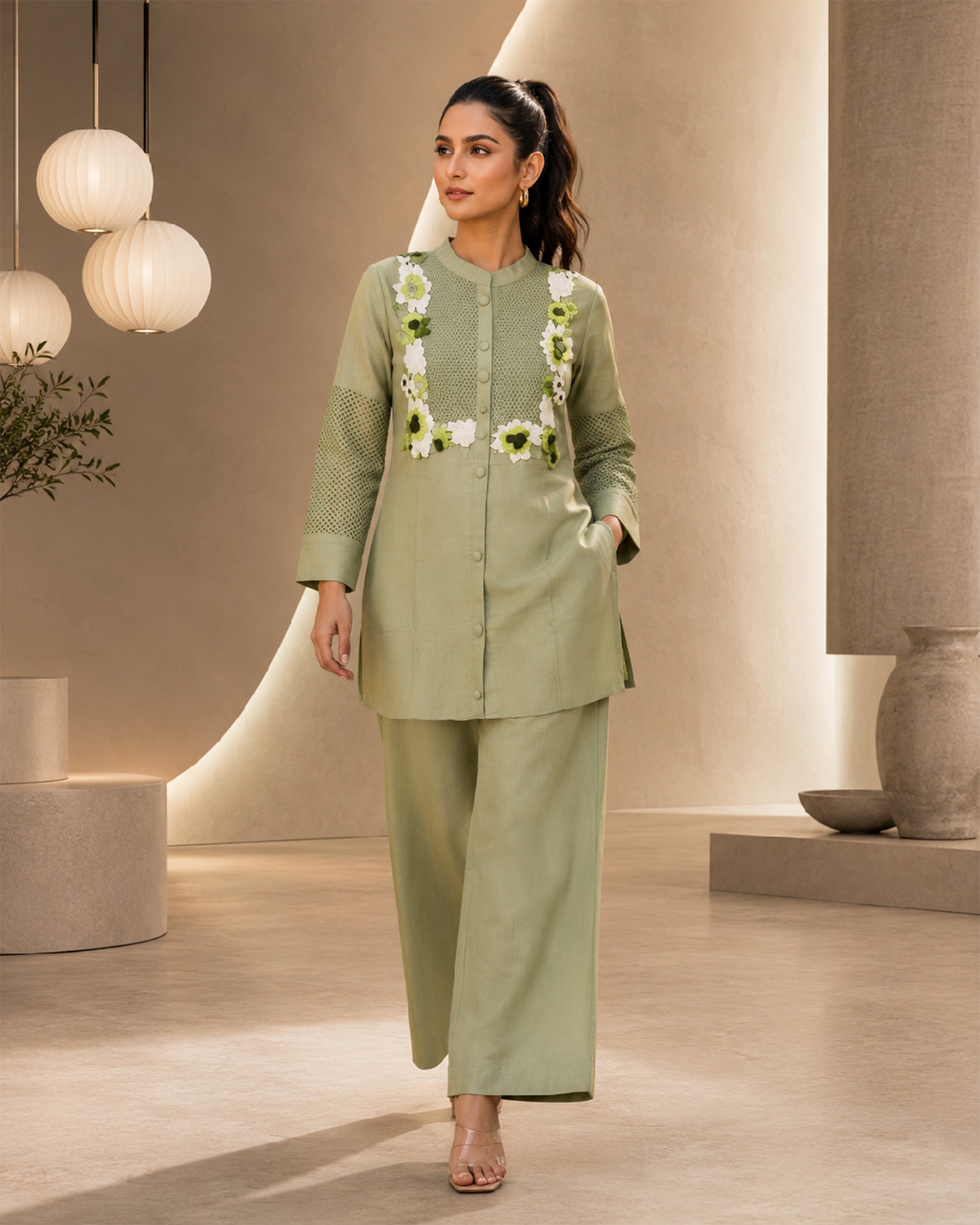 Women's Floral Embroidered Flex Cotton Co-Ord Set with Straight Pants