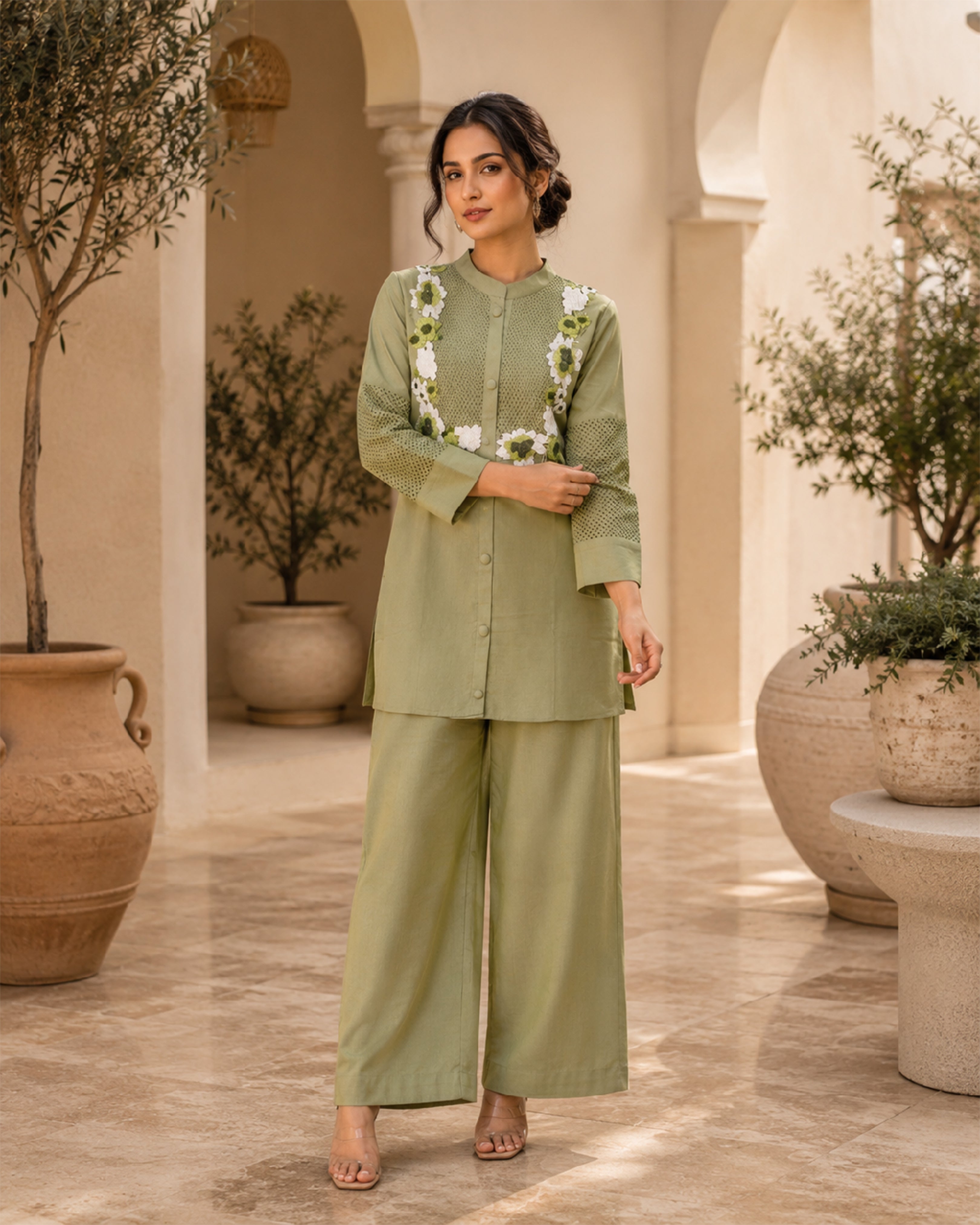 Women's Floral Embroidered Flex Cotton Co-Ord Set with Straight Pants