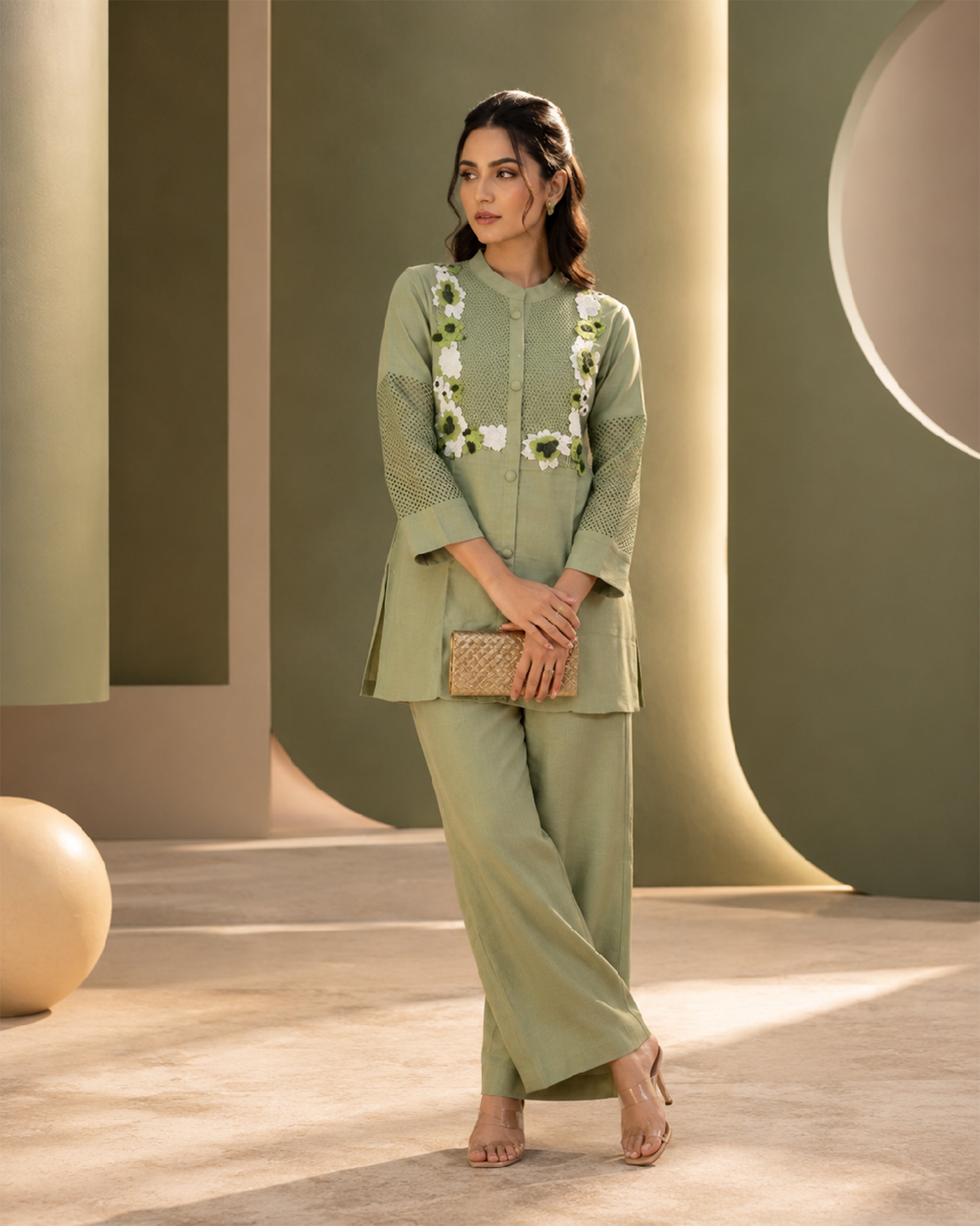 Women's Floral Embroidered Flex Cotton Co-Ord Set with Straight Pants