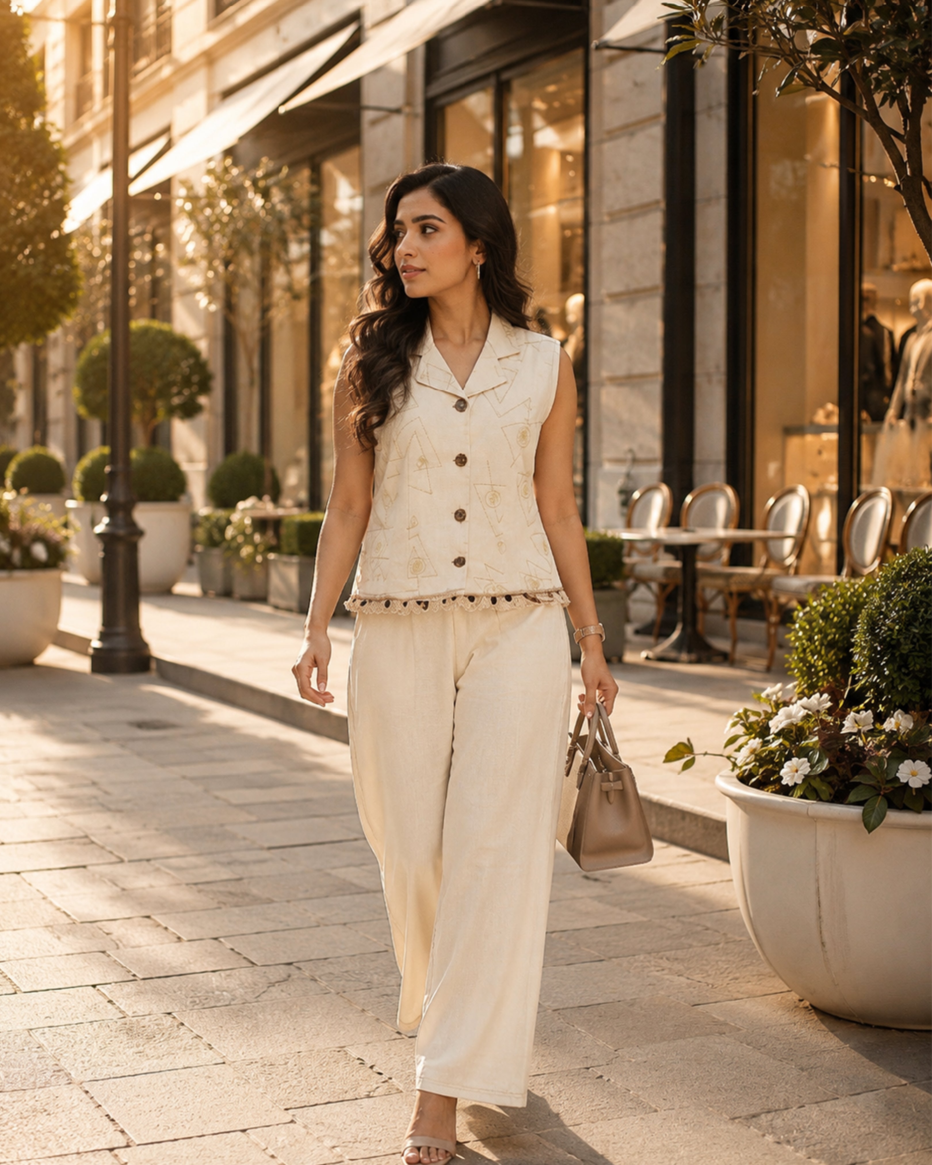 Women's Premium Ivory Linen Co-Ord Set | Sleeveless Top & Wide Leg Pants