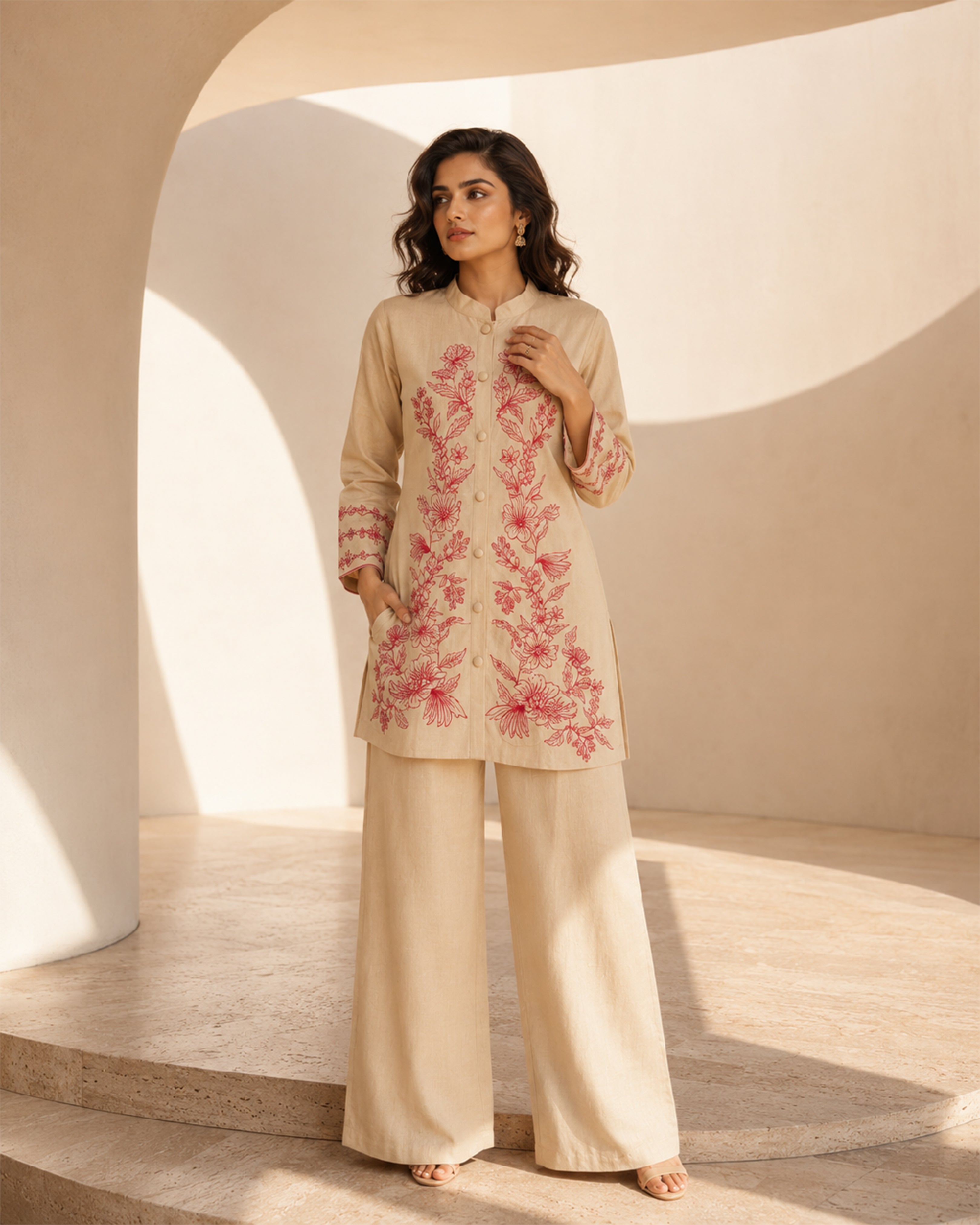 Women's Premium Beige Floral Embroidered Flex Cotton Co-Ord Set