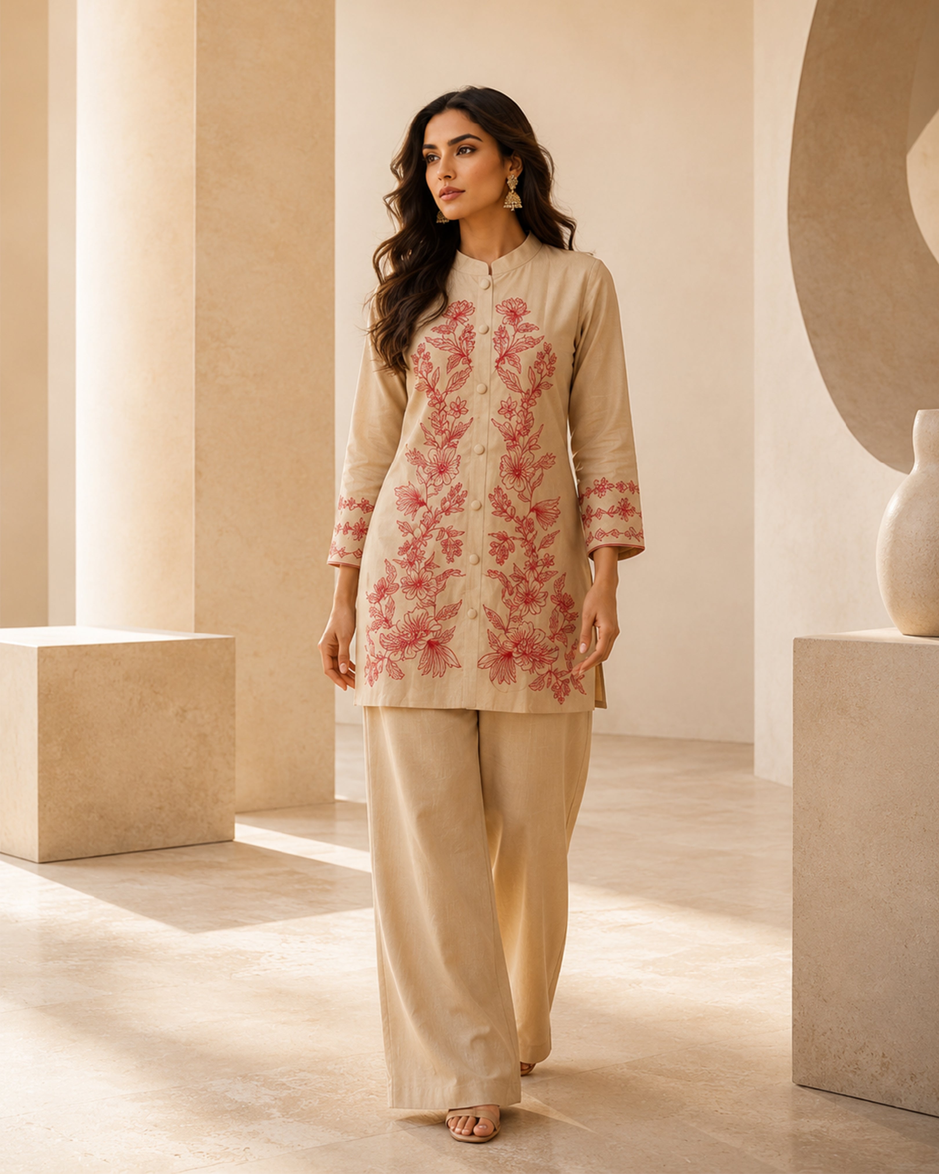 Women's Premium Beige Floral Embroidered Flex Cotton Co-Ord Set