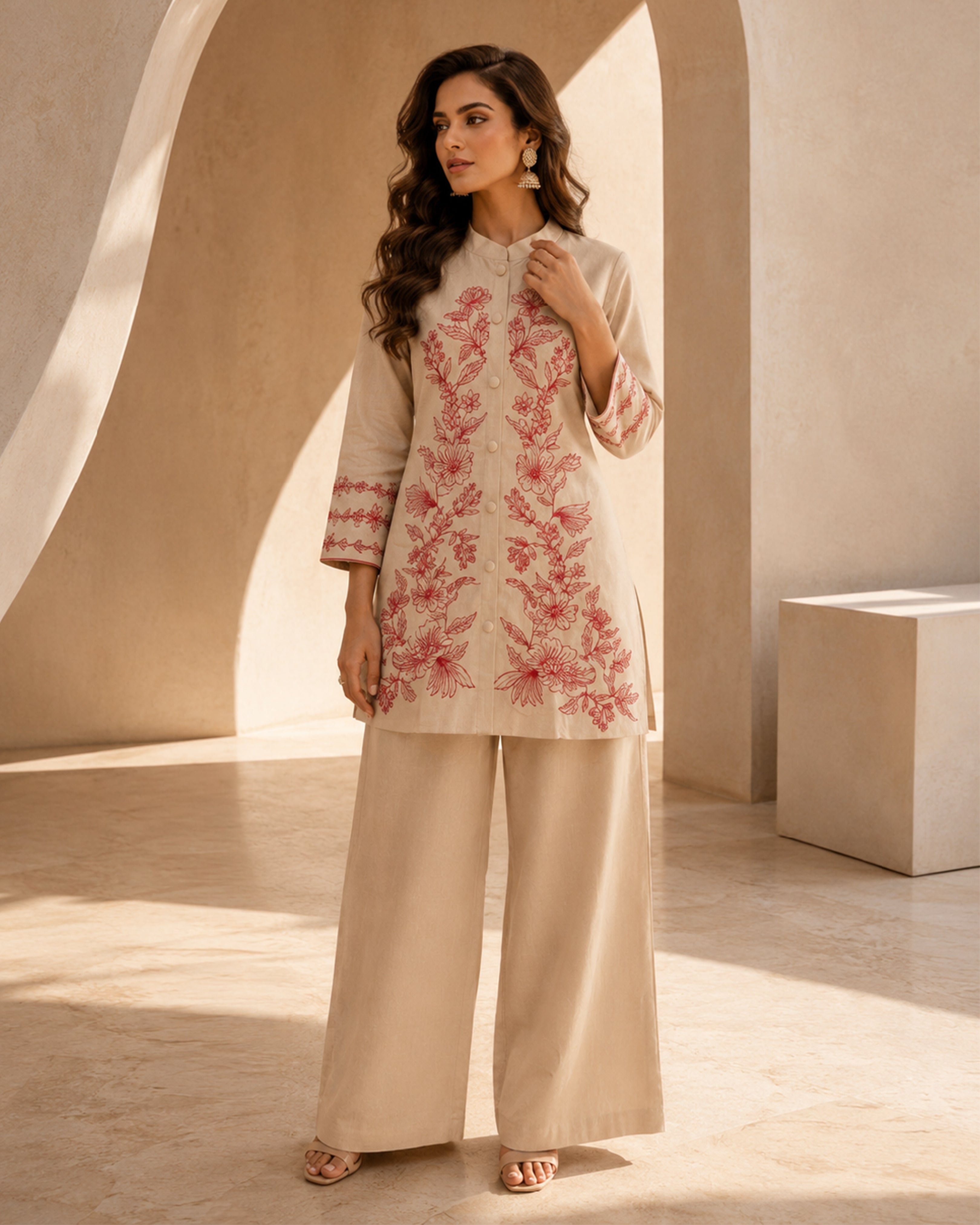 Women's Premium Beige Floral Embroidered Flex Cotton Co-Ord Set