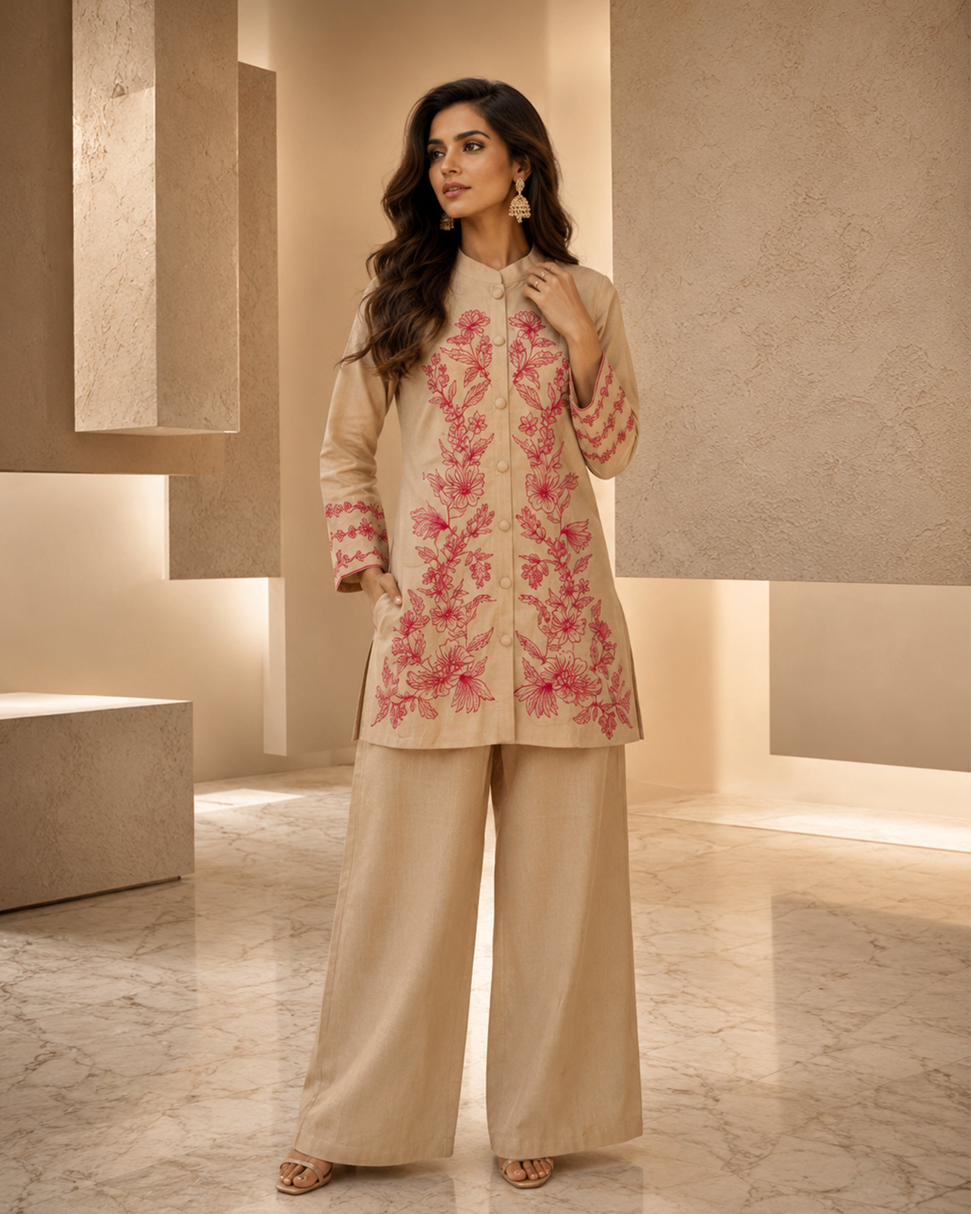 Women's Premium Beige Floral Embroidered Flex Cotton Co-Ord Set