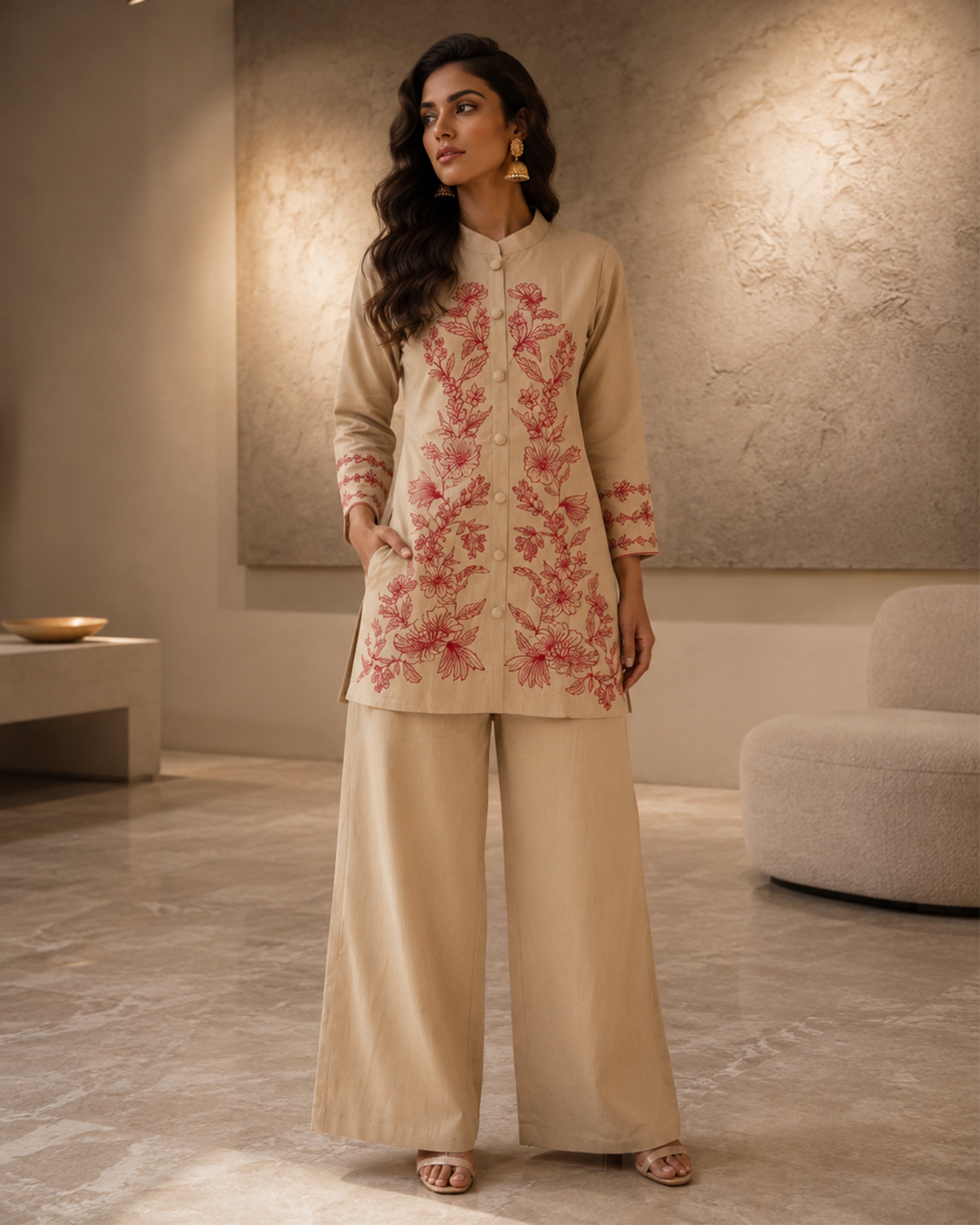 Women's Premium Beige Floral Embroidered Flex Cotton Co-Ord Set