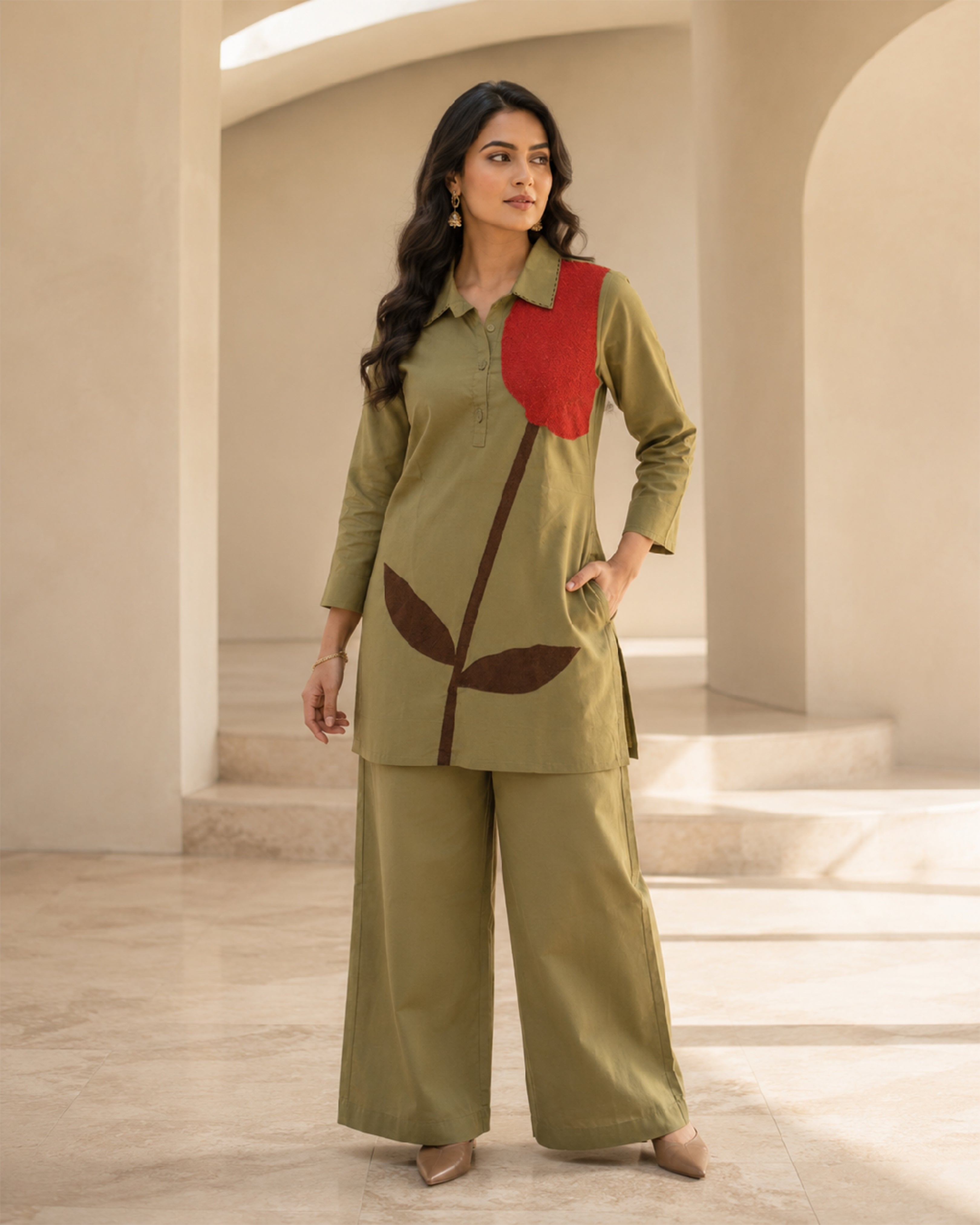 Women's Olive Green Floral Print Flex Cotton Co-Ord Set
