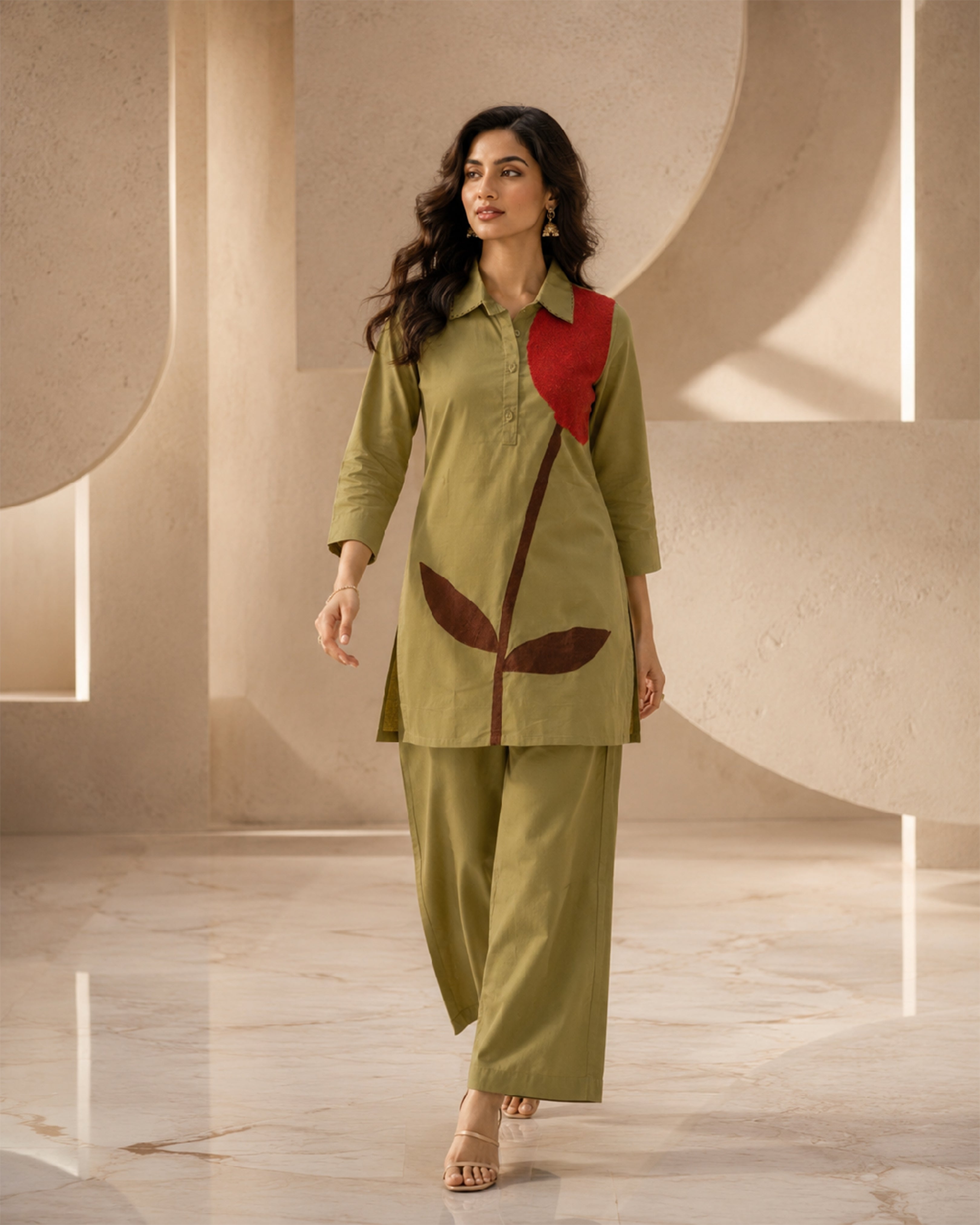 Women's Olive Green Floral Print Flex Cotton Co-Ord Set