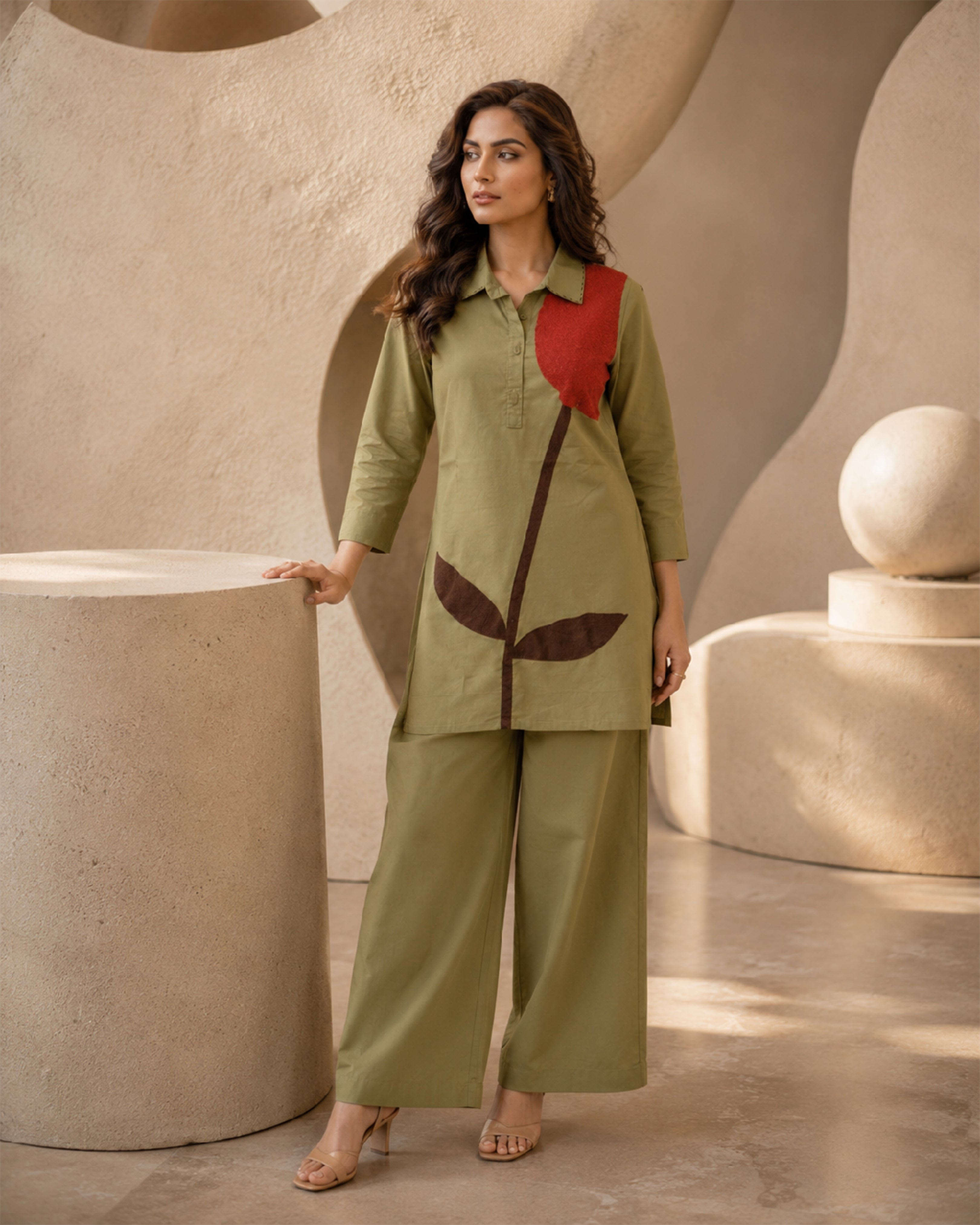 Women's Olive Green Floral Print Flex Cotton Co-Ord Set