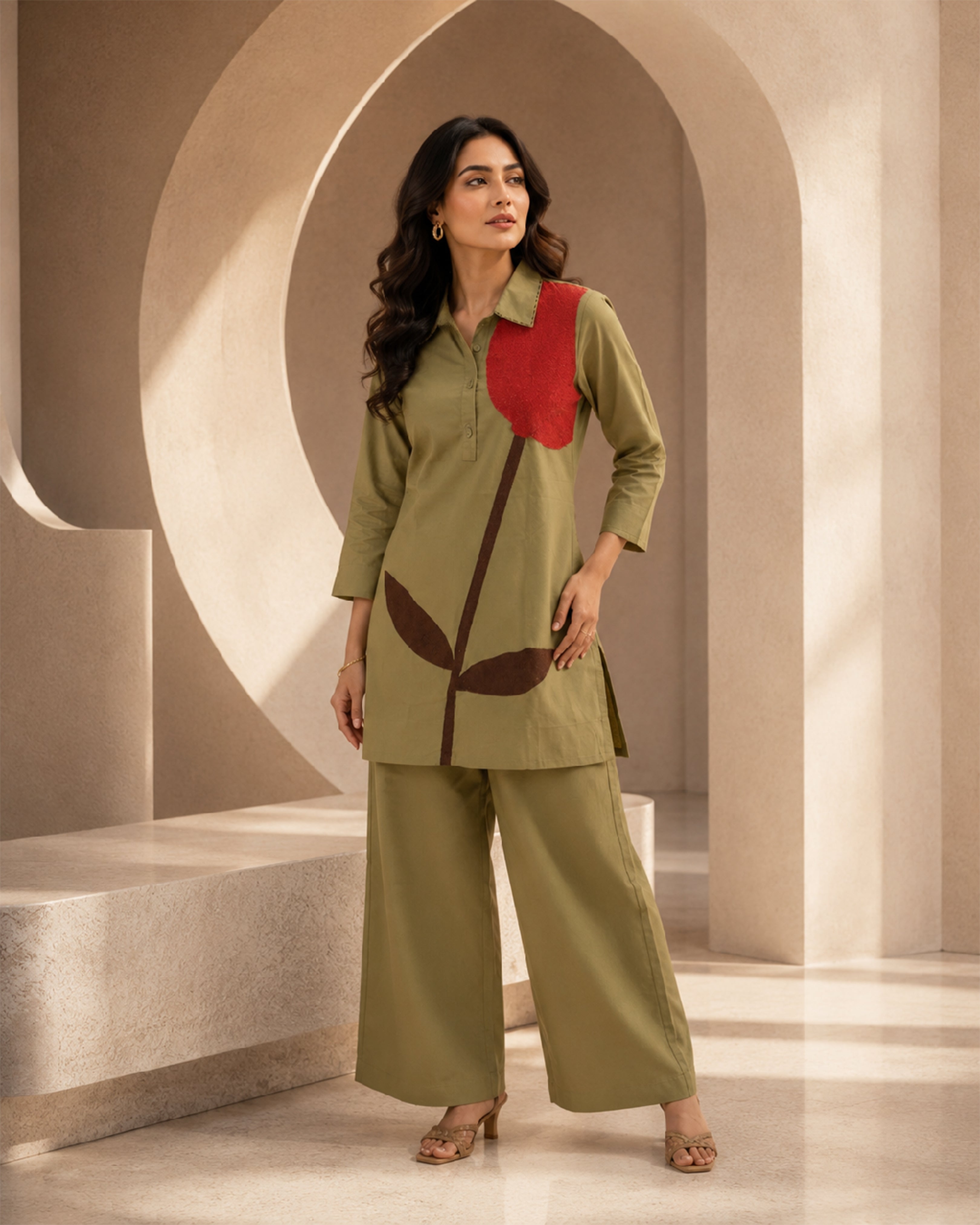 Women's Olive Green Floral Print Flex Cotton Co-Ord Set