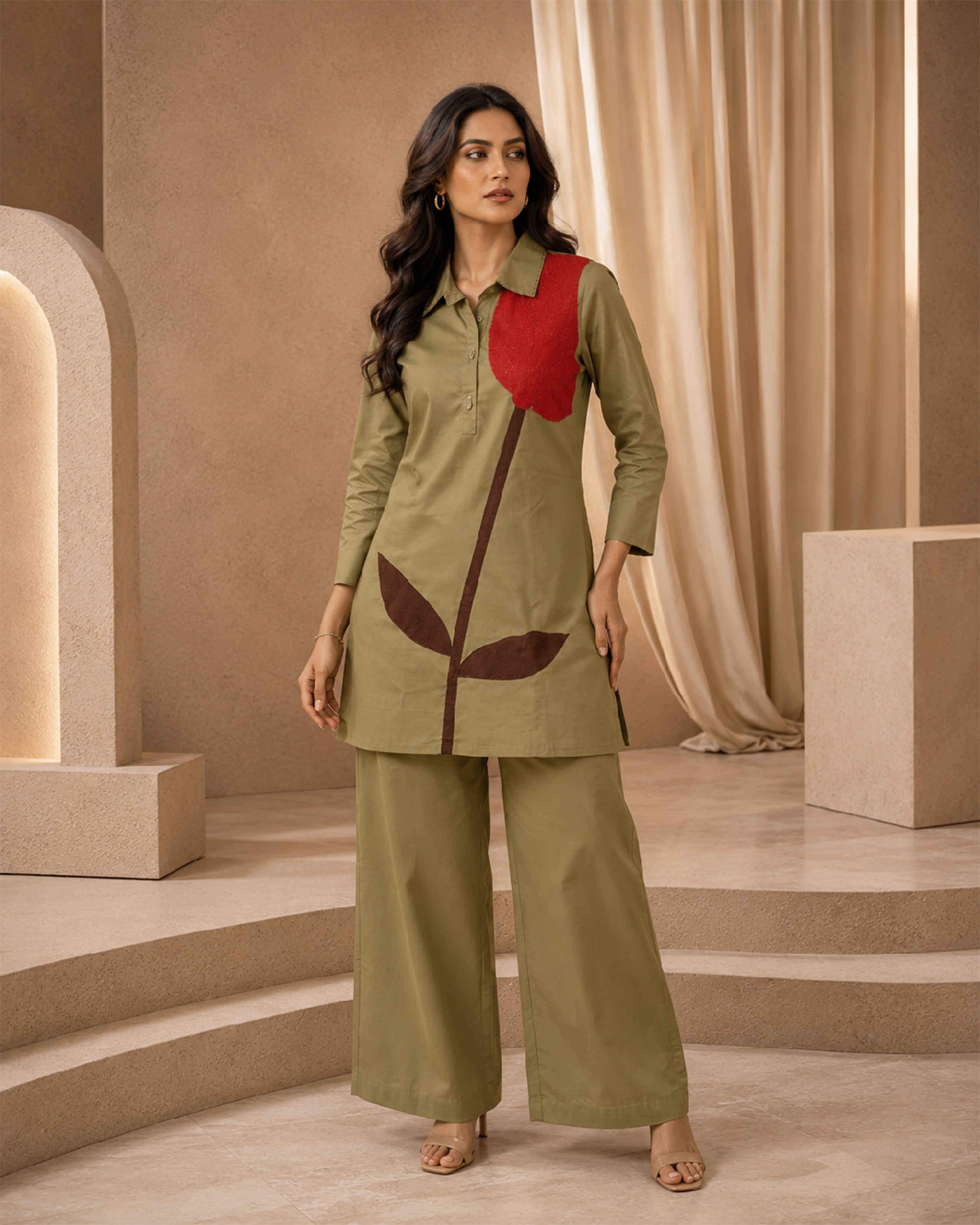 Women's Olive Green Floral Print Flex Cotton Co-Ord Set
