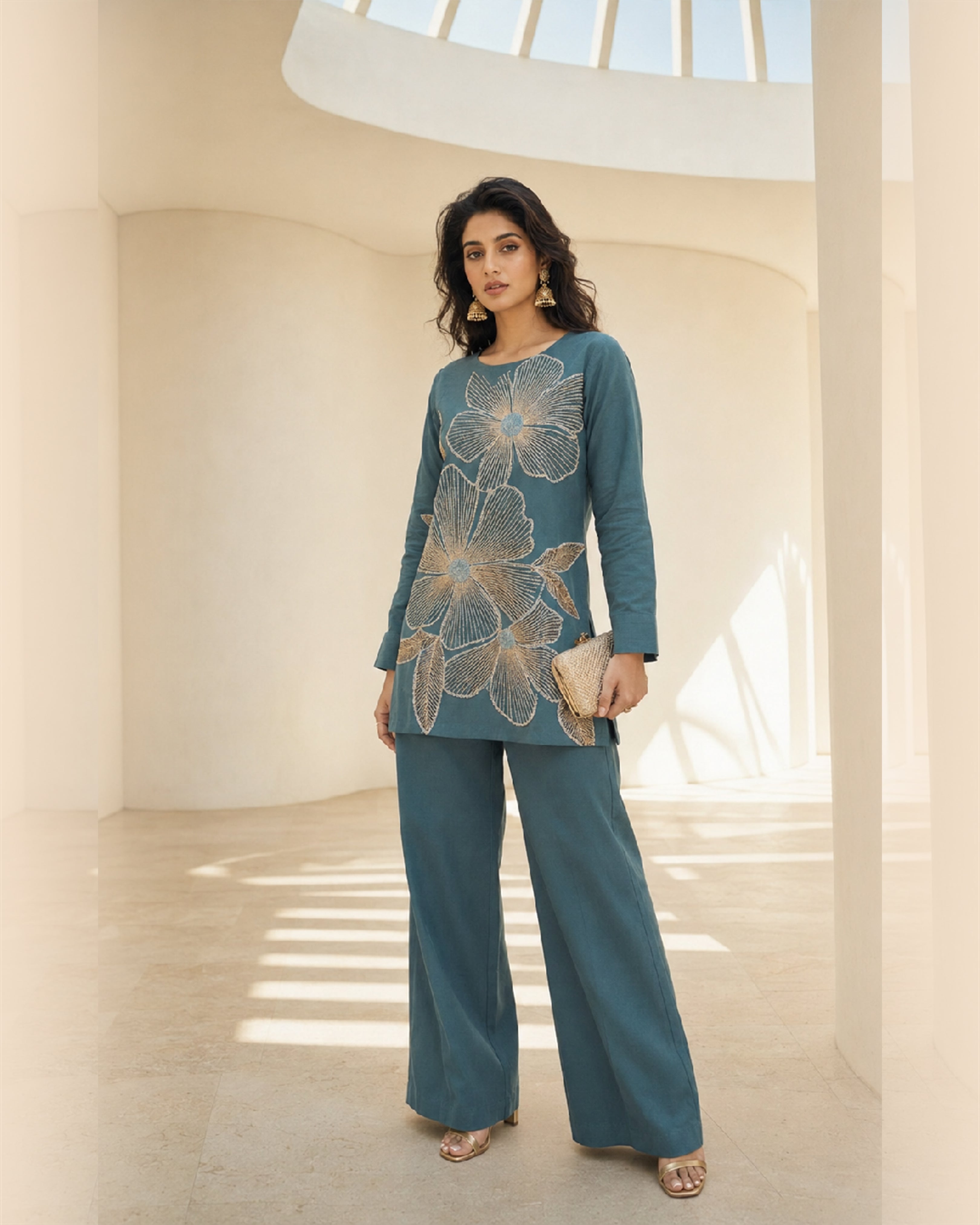 Women's Premium Teal Blue Floral Embroidered Cotton Co-Ord Set