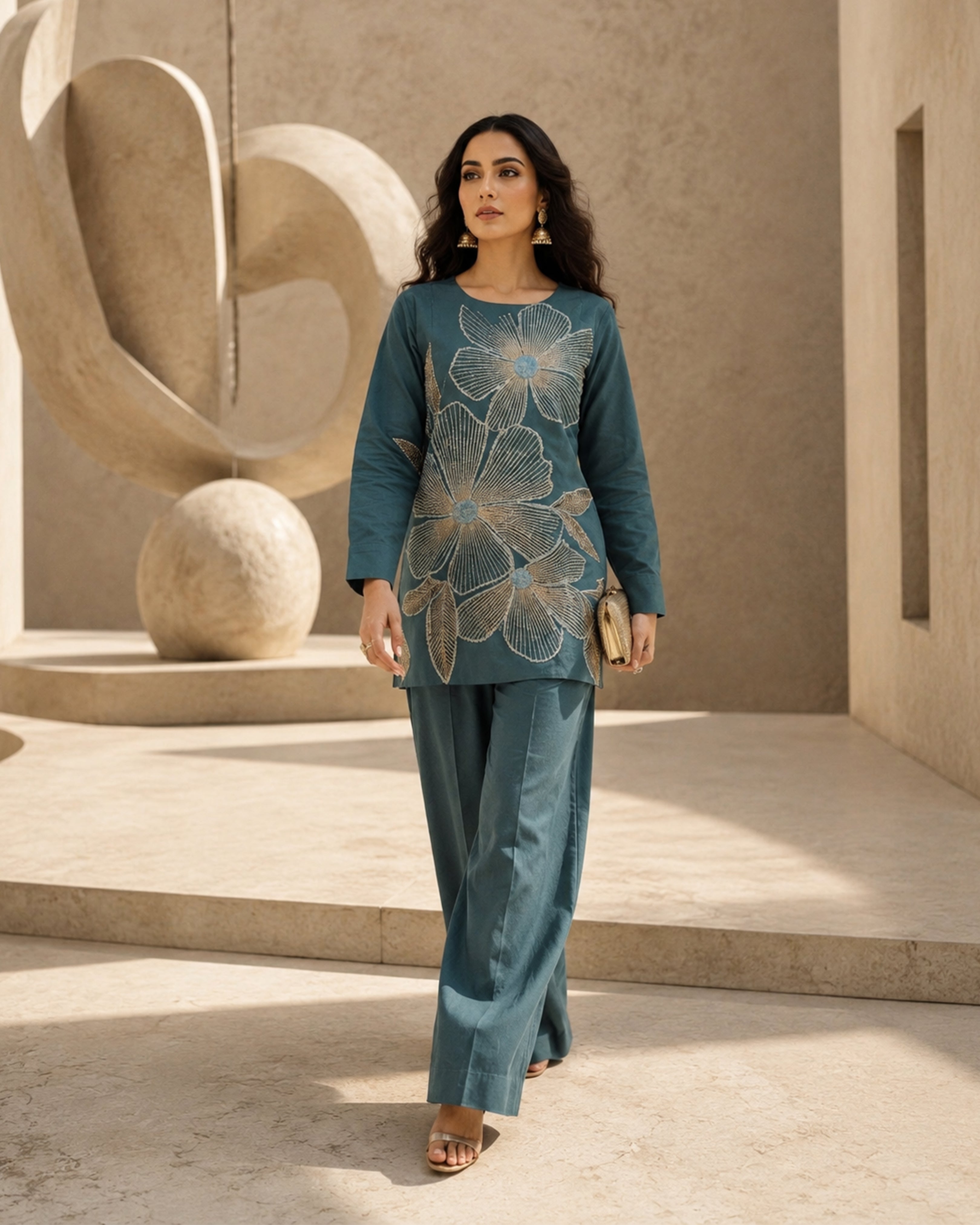 Women's Premium Teal Blue Floral Embroidered Cotton Co-Ord Set