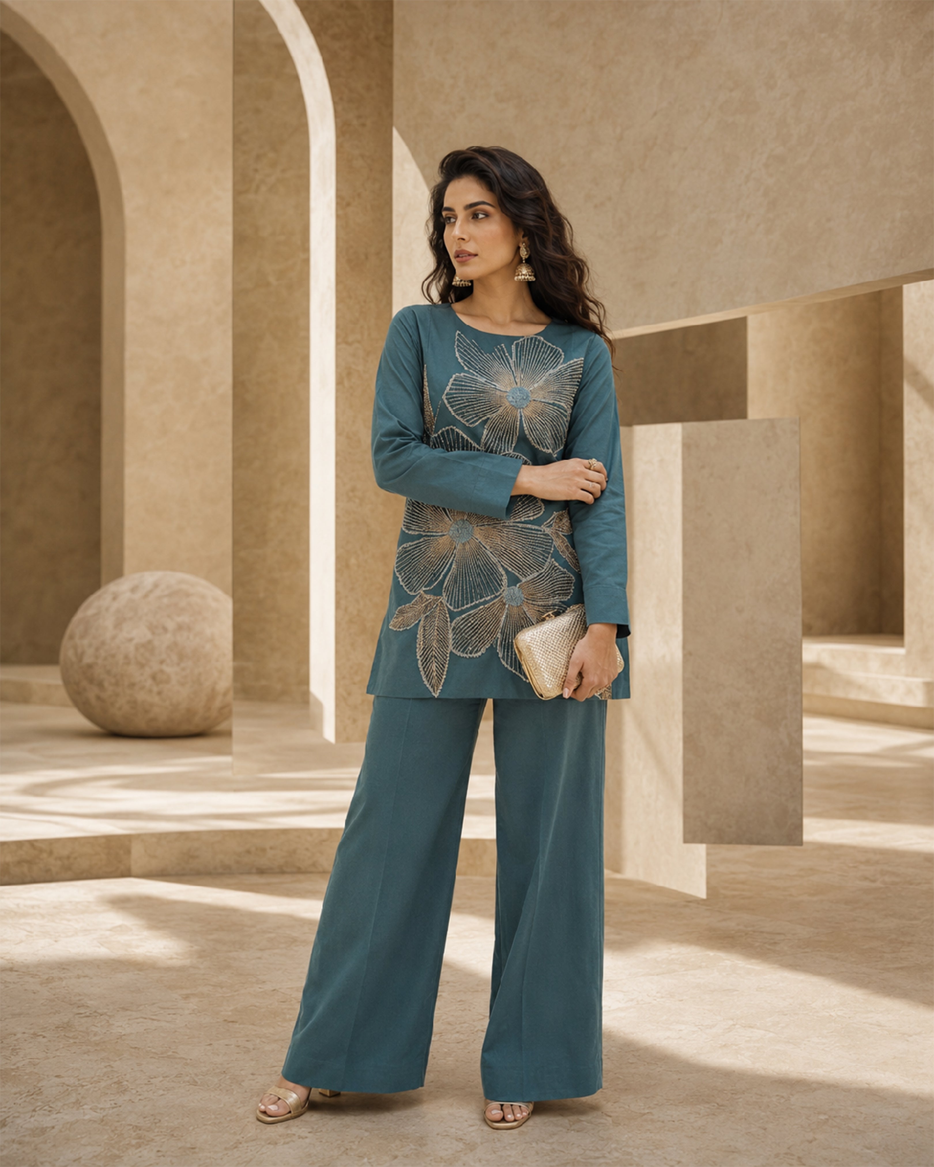 Women's Premium Teal Blue Floral Embroidered Cotton Co-Ord Set