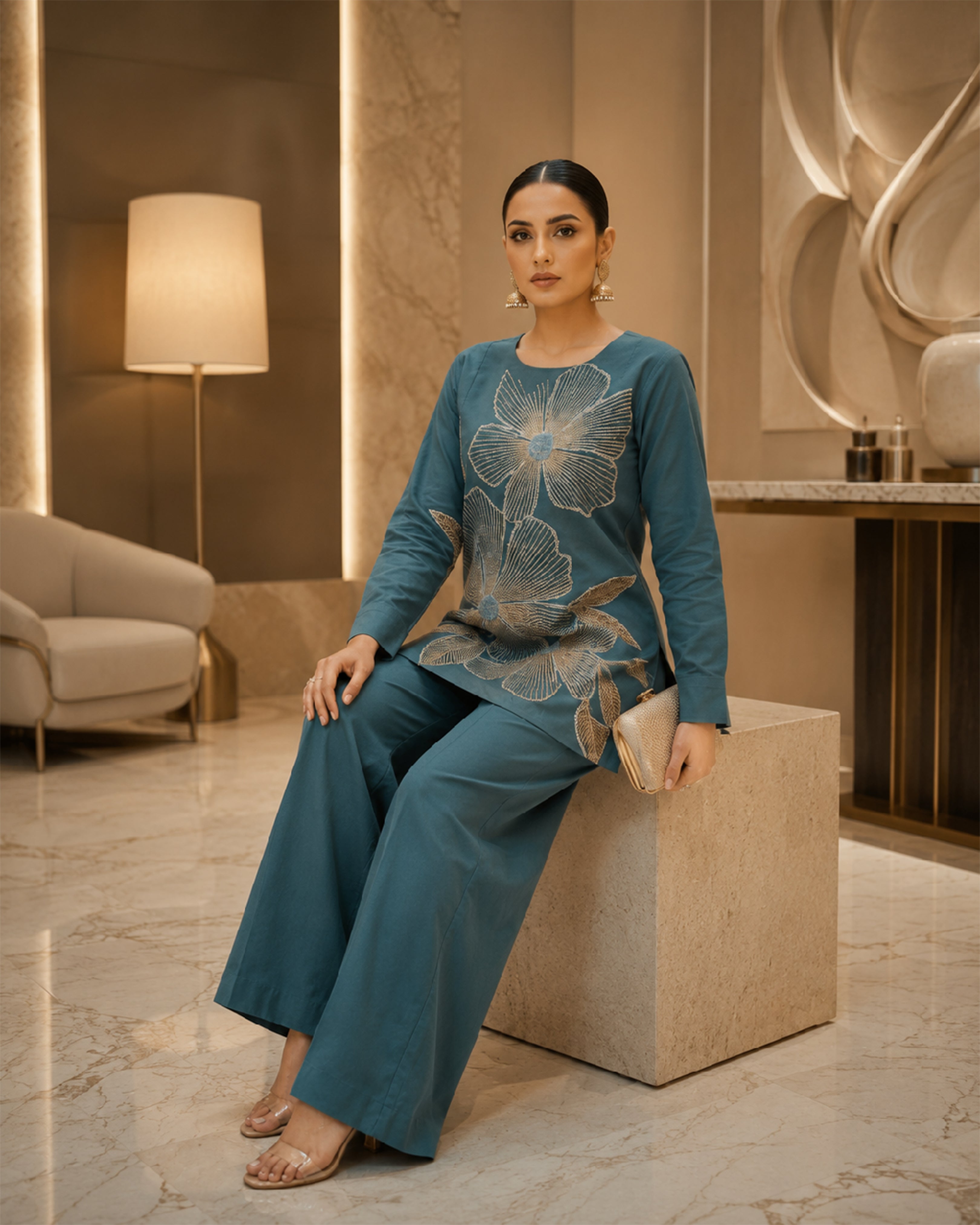 Women's Premium Teal Blue Floral Embroidered Cotton Co-Ord Set