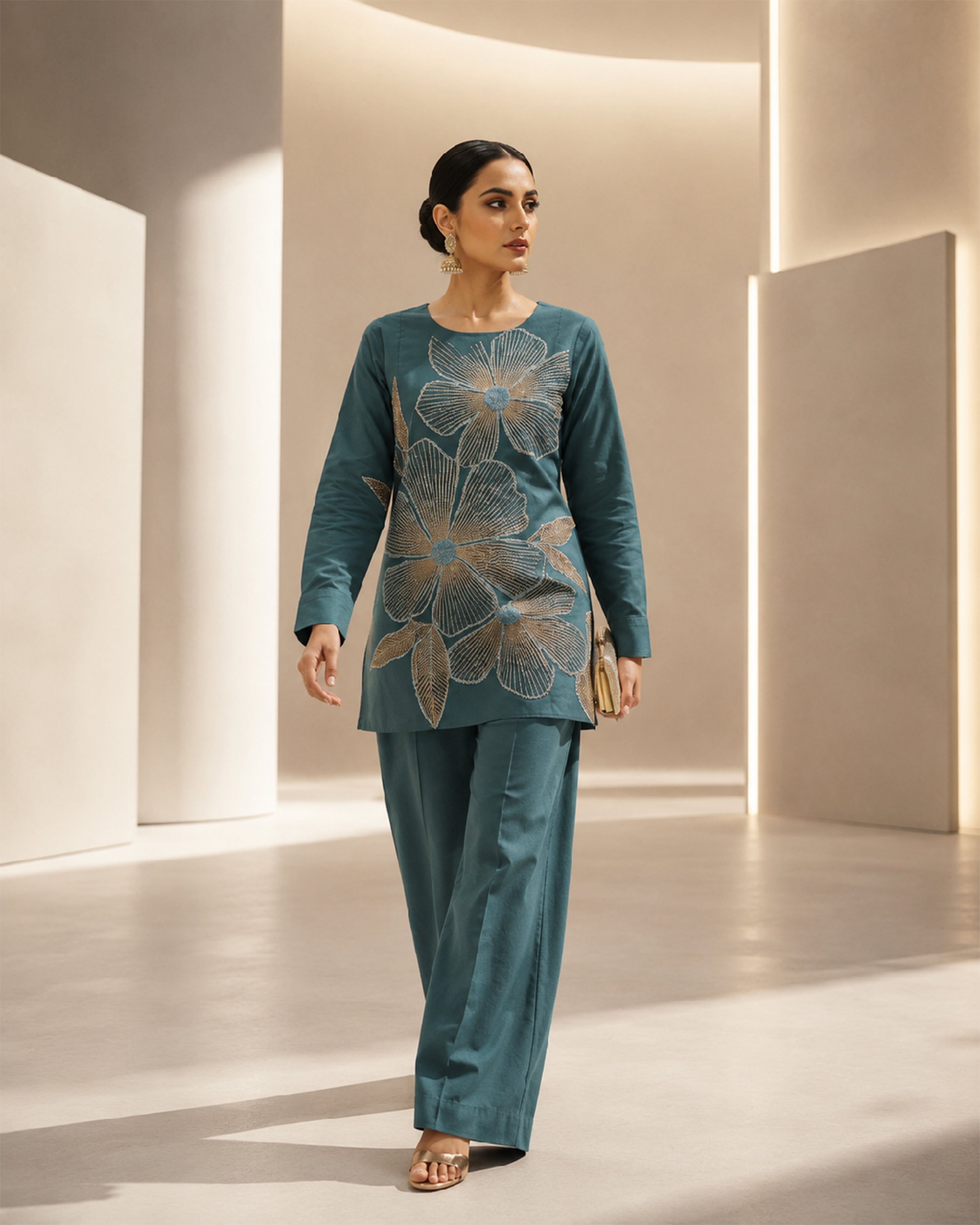 Women's Premium Teal Blue Floral Embroidered Cotton Co-Ord Set