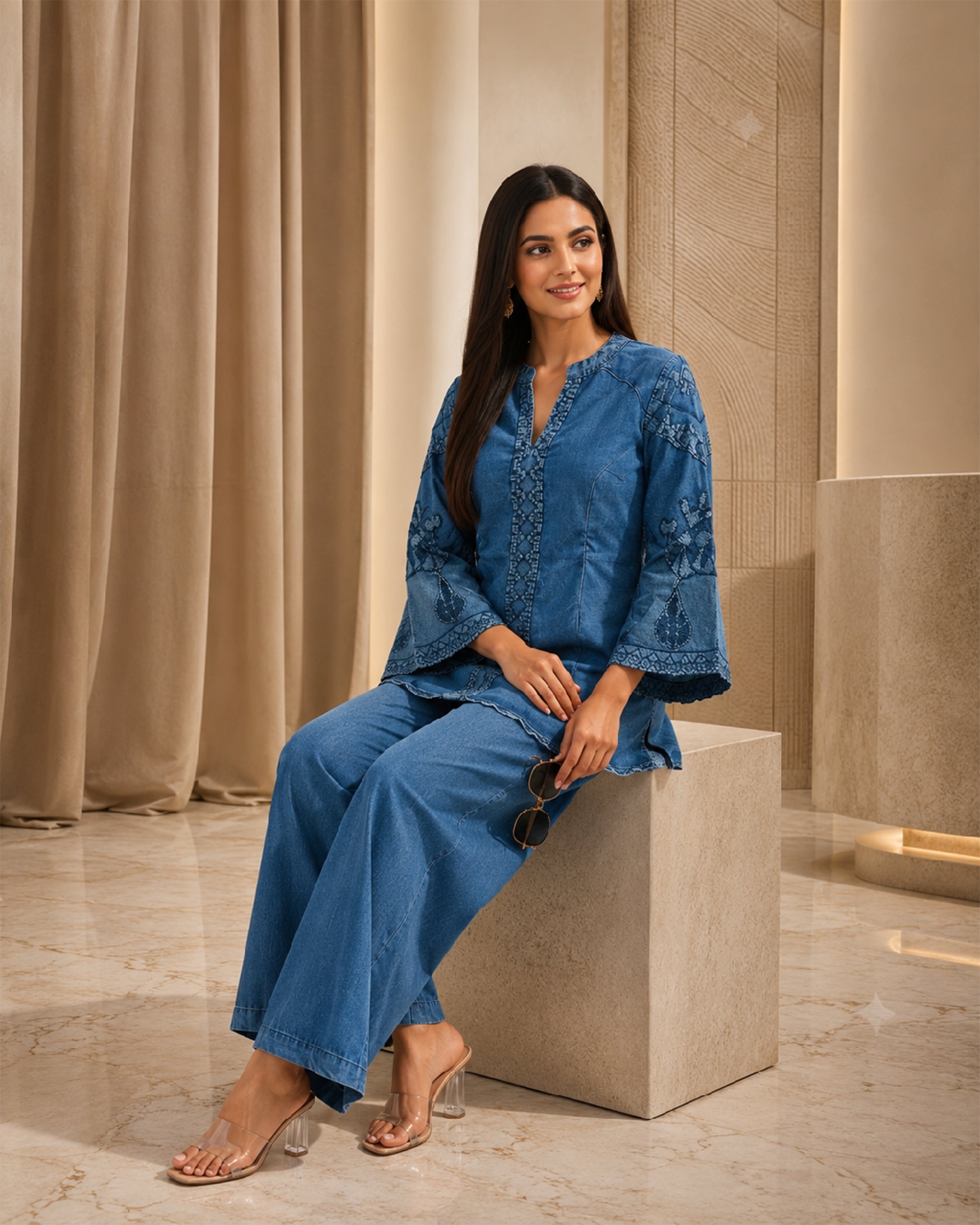 Women's Premium Blue Cotton Embroidered Co-Ord Set