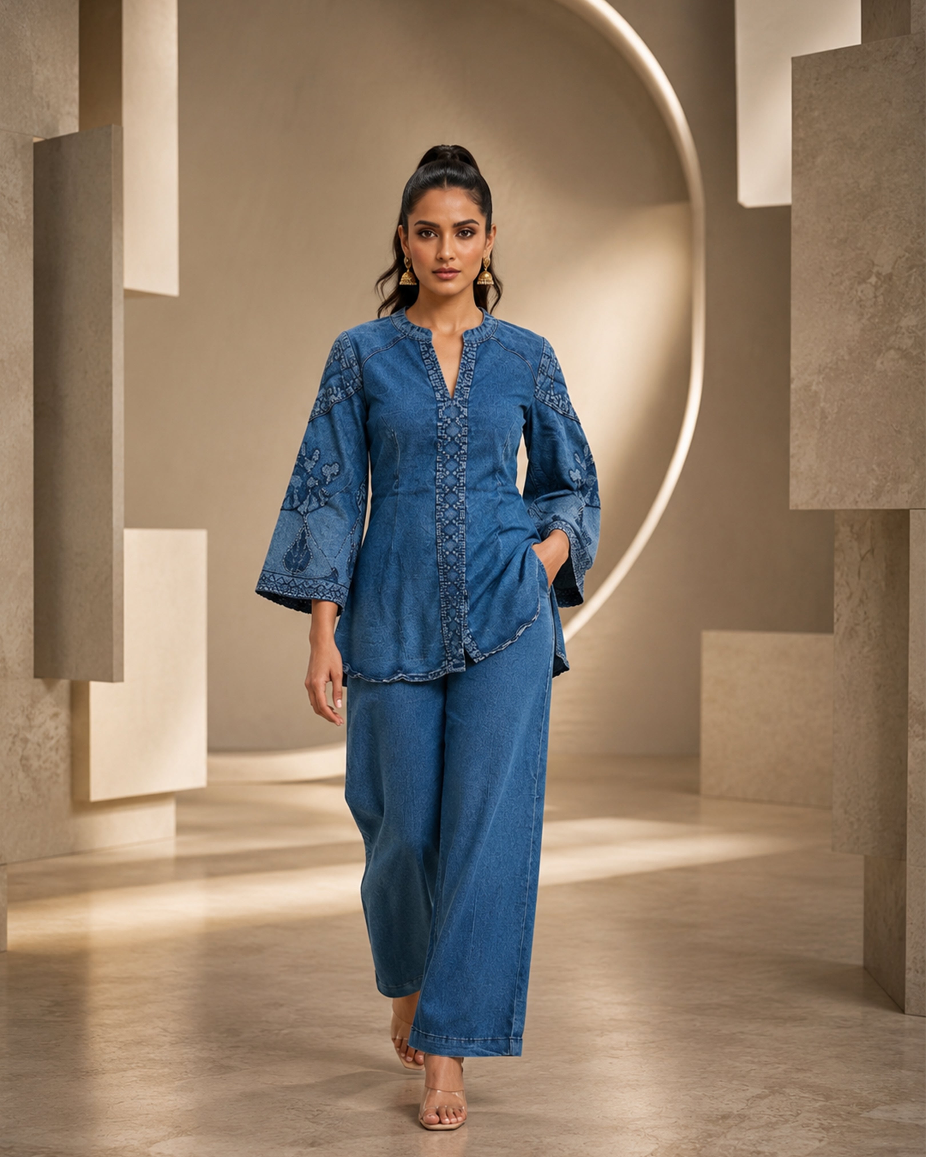 Women's Premium Blue Cotton Embroidered Co-Ord Set