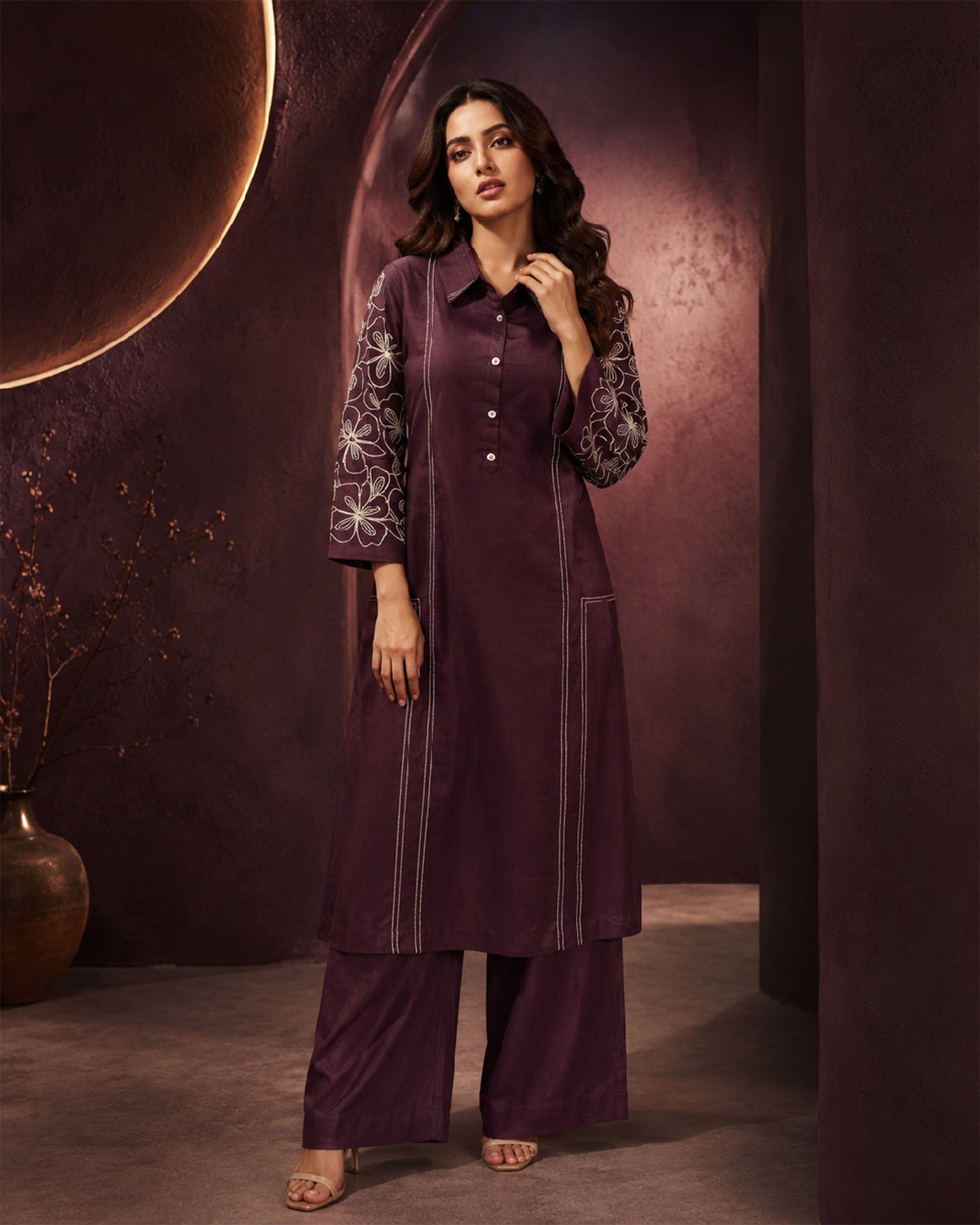 Women's Premium Plum Purple Softy Linen Embroidered Kurta Pant Set