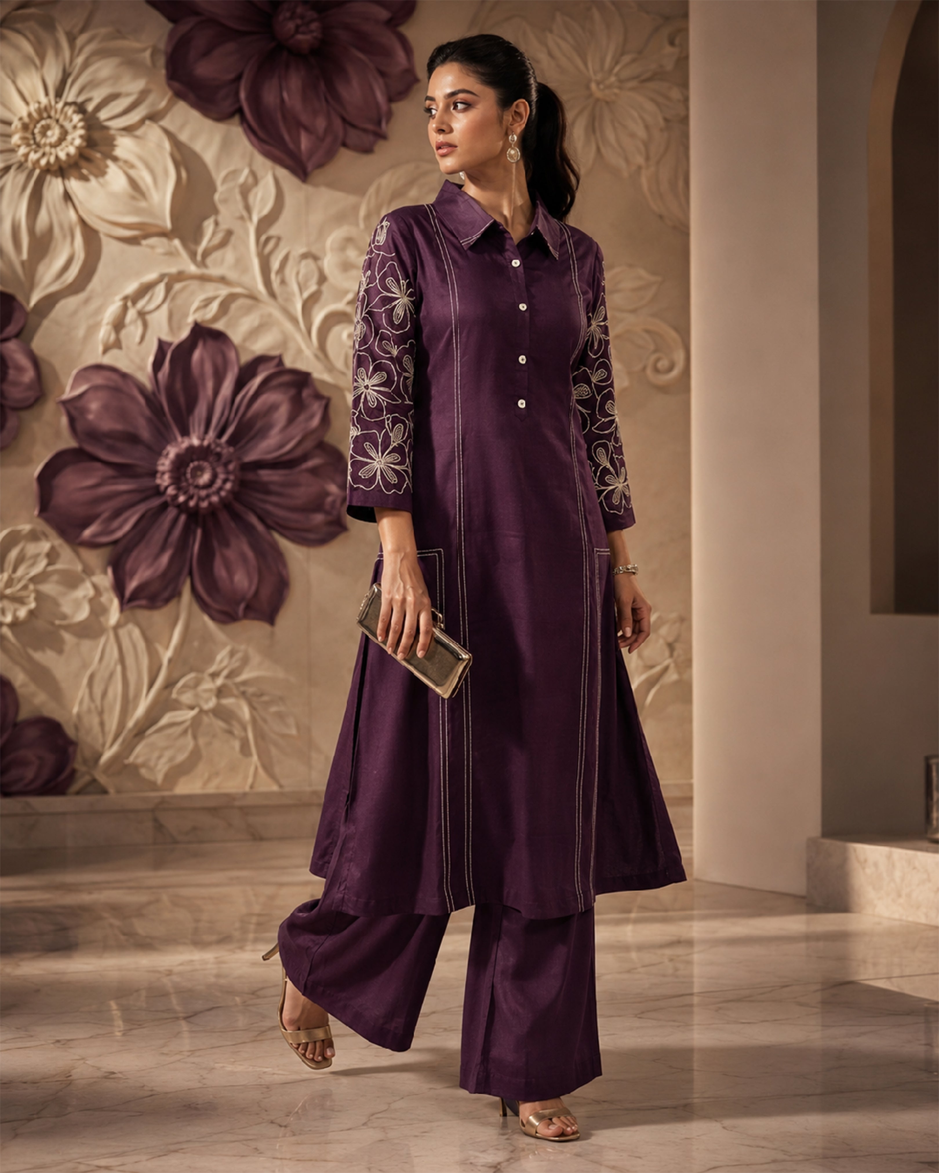 Women's Premium Plum Purple Softy Linen Embroidered Kurta Pant Set