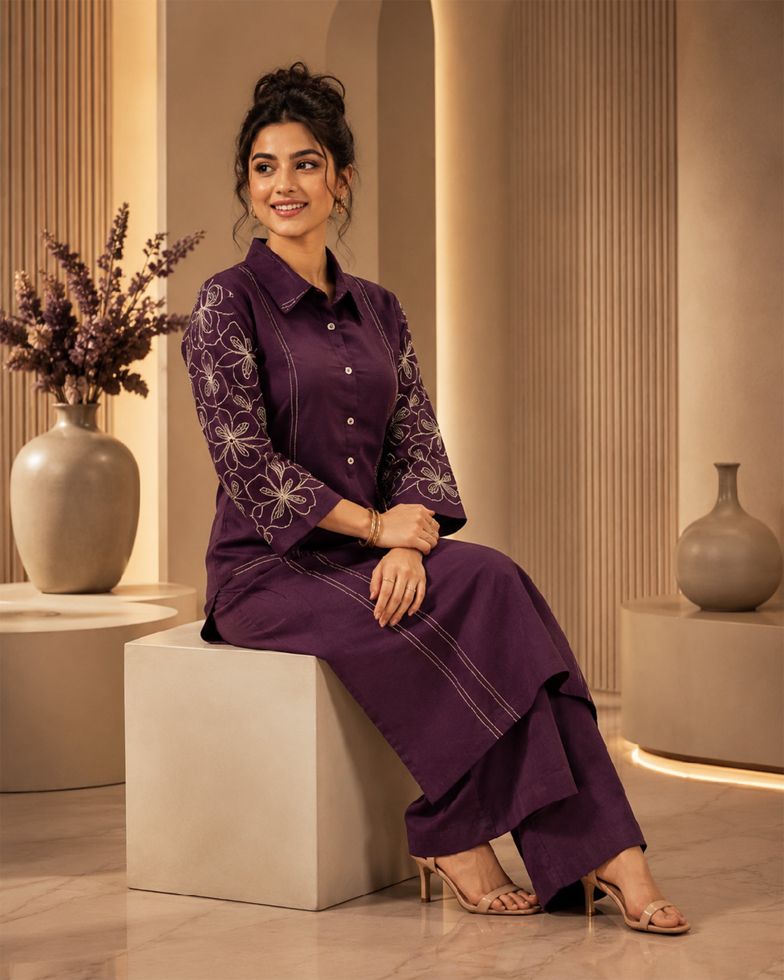 Women's Premium Plum Purple Softy Linen Embroidered Kurta Pant Set